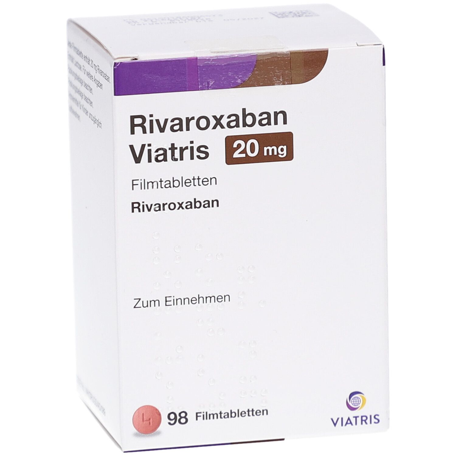 Weißer Karton mit Aufschrift RIVAROXABAN Viatris 20 mg Filmtabletten. Enthält 98 Tabletten. Viatris Logo.