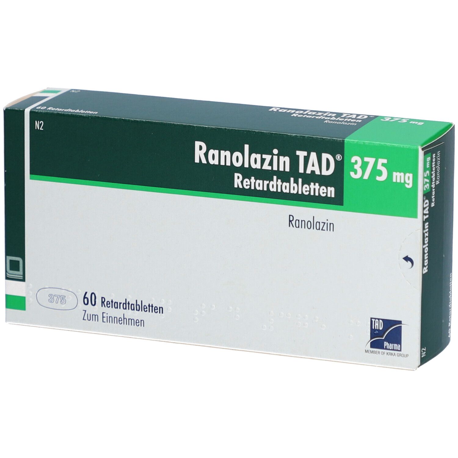 Schachtel mit RANOLAZIN TAD 375 mg Retardtabletten. Grün-weiße Verpackung mit Produktnamen und Dosierung. Enthält 60 Tabletten.