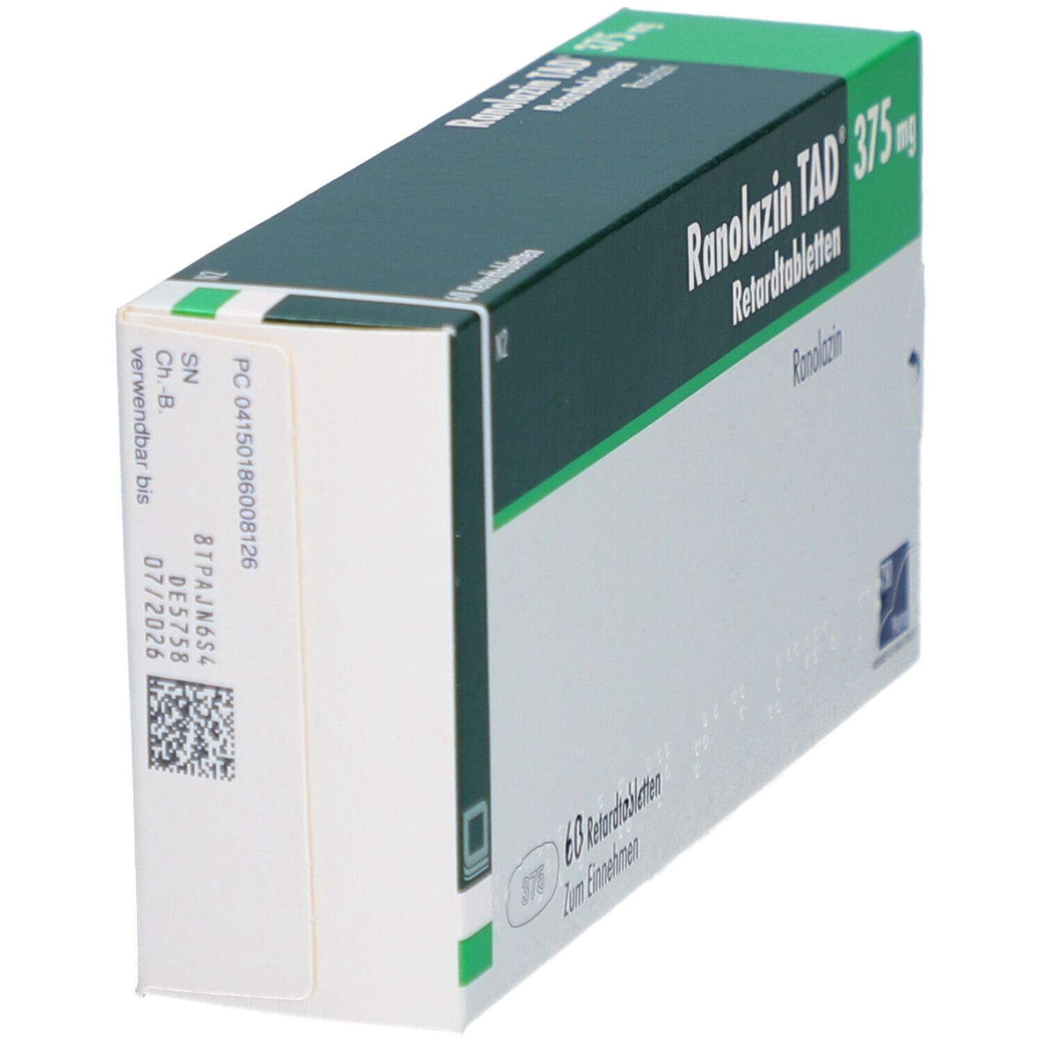 Schachtel RANOLAZIN TAD 375 mg. Seitenansicht der Verpackung mit Produktinformationen und Chargennummer. Grün-weiße Farbgebung.