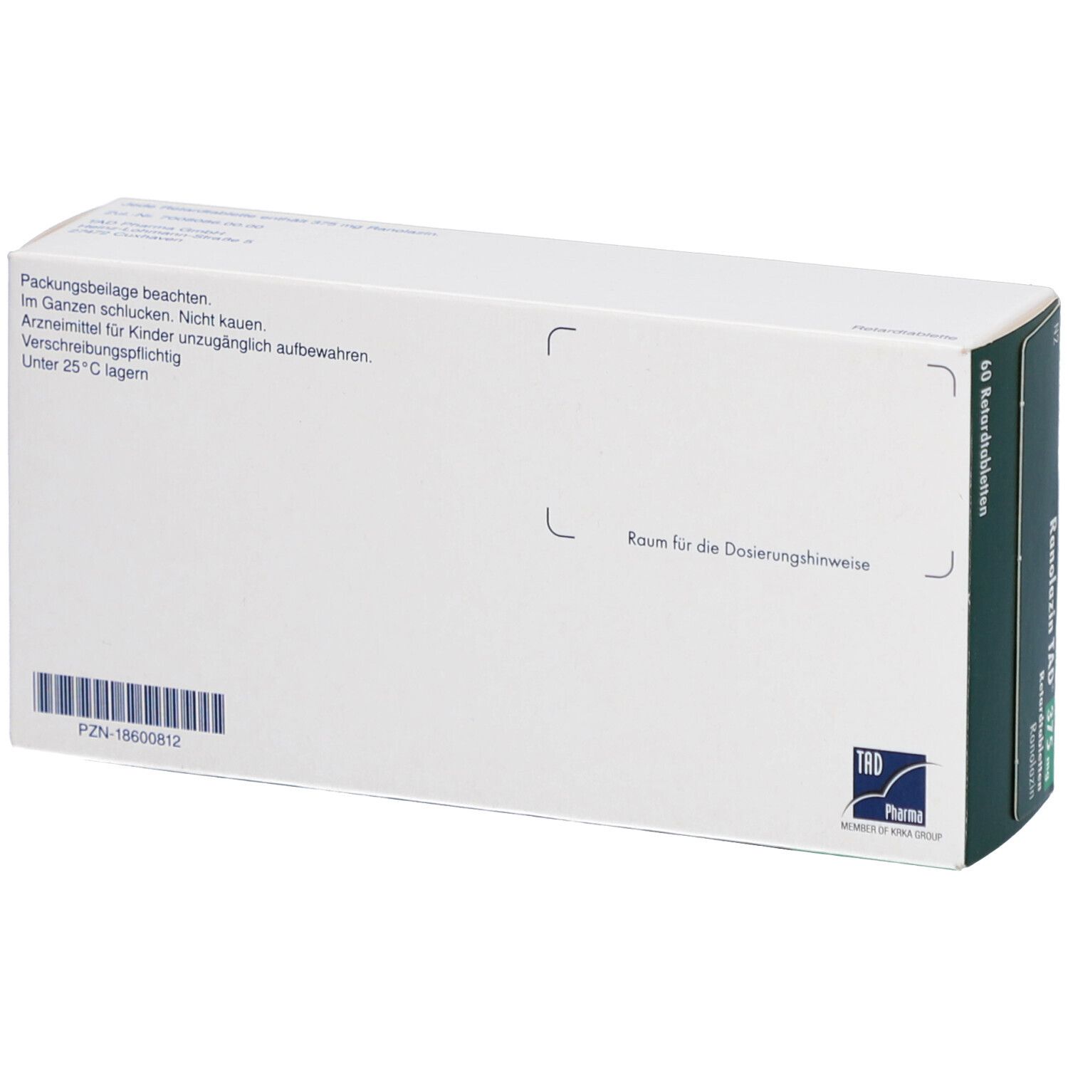 Rückseite der Schachtel RANOLAZIN TAD 375 mg. Weiße Verpackung mit Text und PZN-Nummer. Platz für Dosierungshinweise.