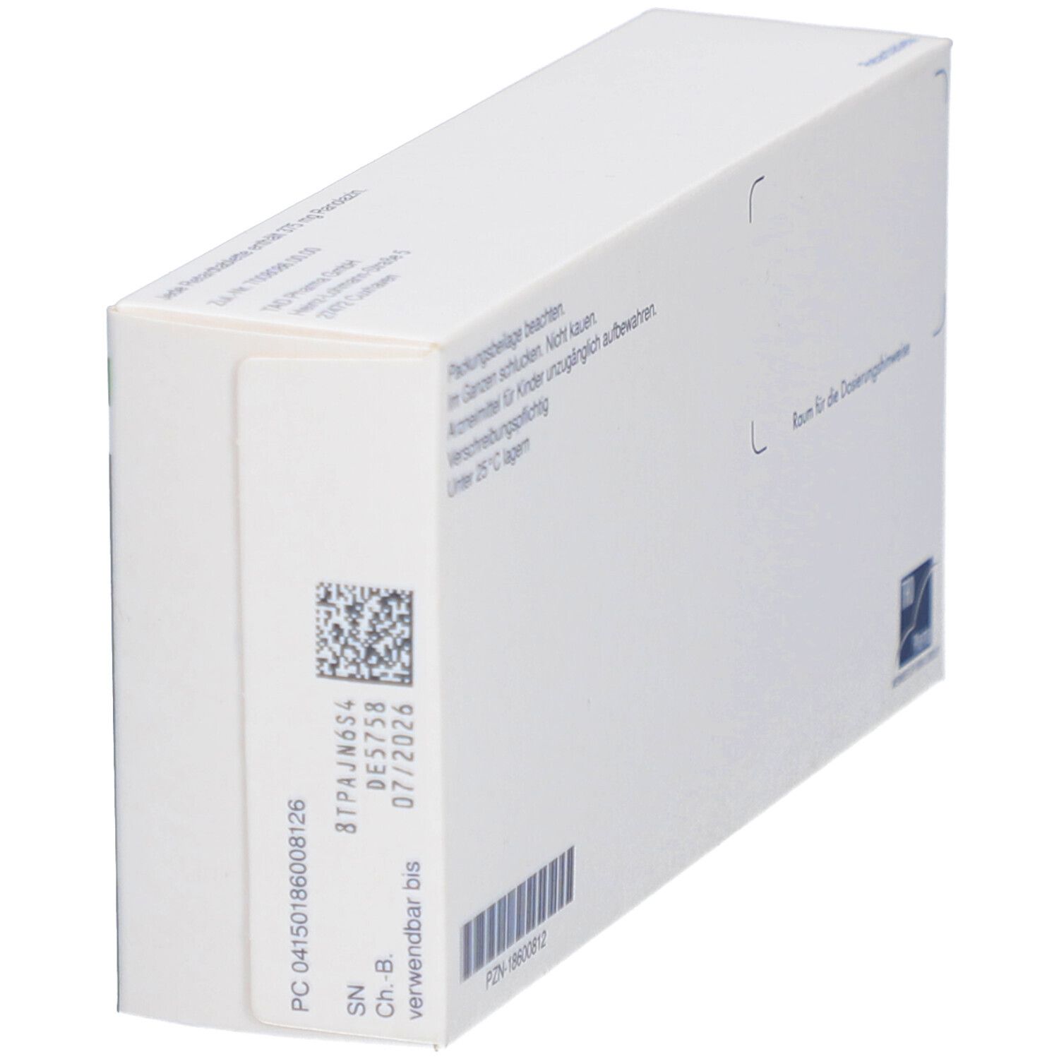 Seitenansicht der Schachtel RANOLAZIN TAD 375 mg. Weiße Verpackung mit Chargennummer und Verfallsdatum. Barcode vorhanden.