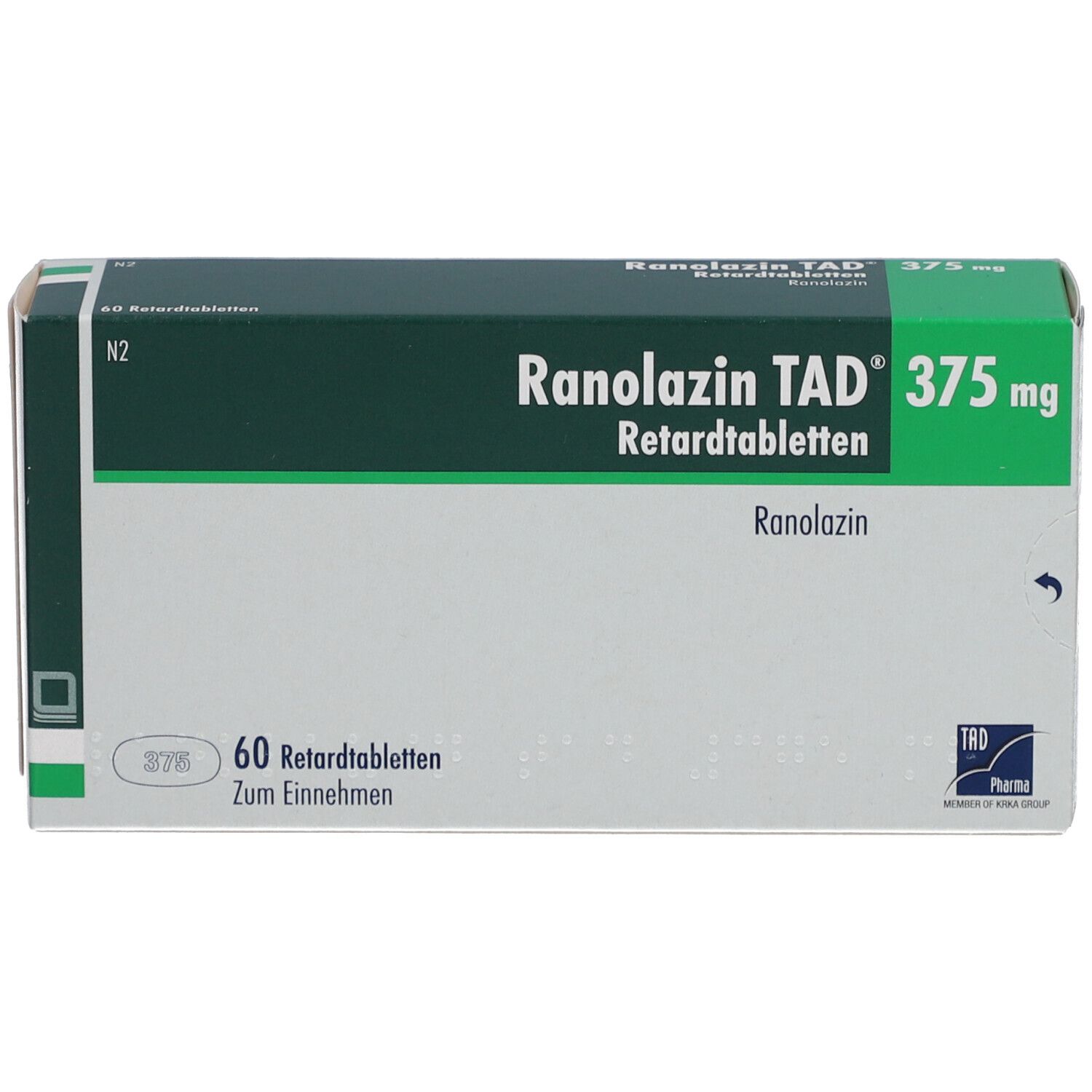 Schachtel RANOLAZIN TAD 375 mg Retardtabletten. Grün-weiße Verpackung mit Produktnamen und Dosierung. 60 Tabletten.