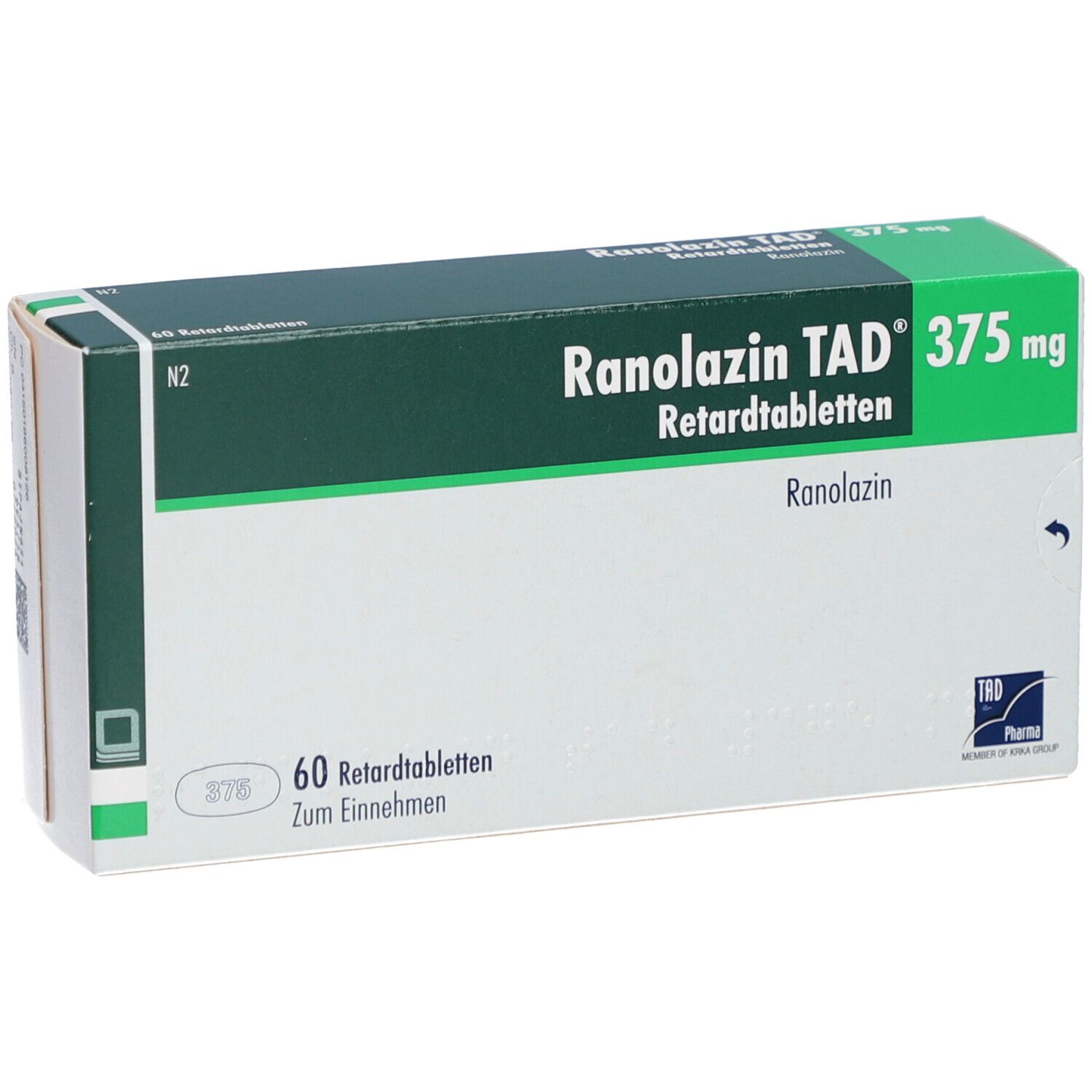 Schachtel RANOLAZIN TAD 375 mg Retardtabletten. Grün-weiße Verpackung mit Produktnamen und Dosierung. 60 Tabletten.