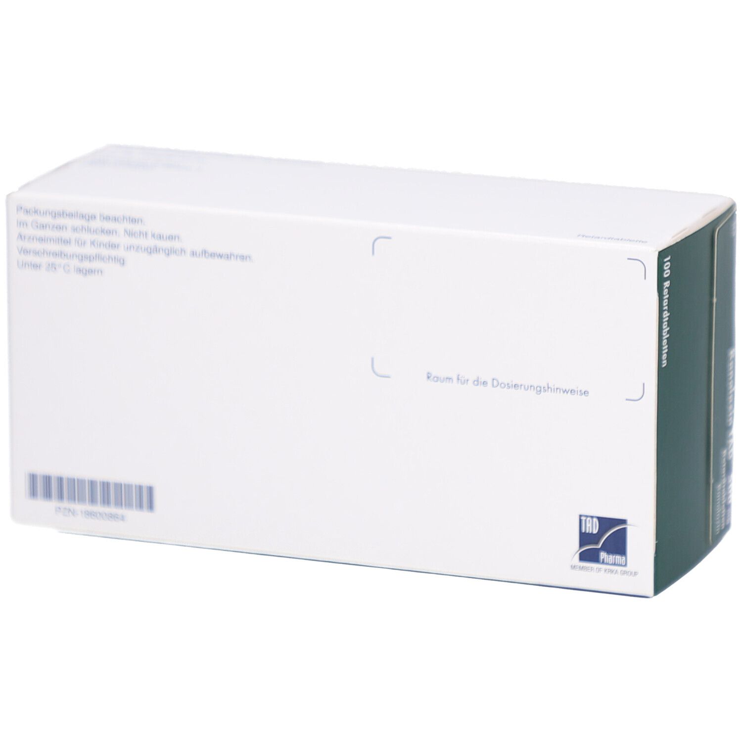 Rückseite der Schachtel mit RANOLAZIN TAD 500 mg Retardtabletten. Text für Dosierungshinweise. Grün-weiße Verpackung.