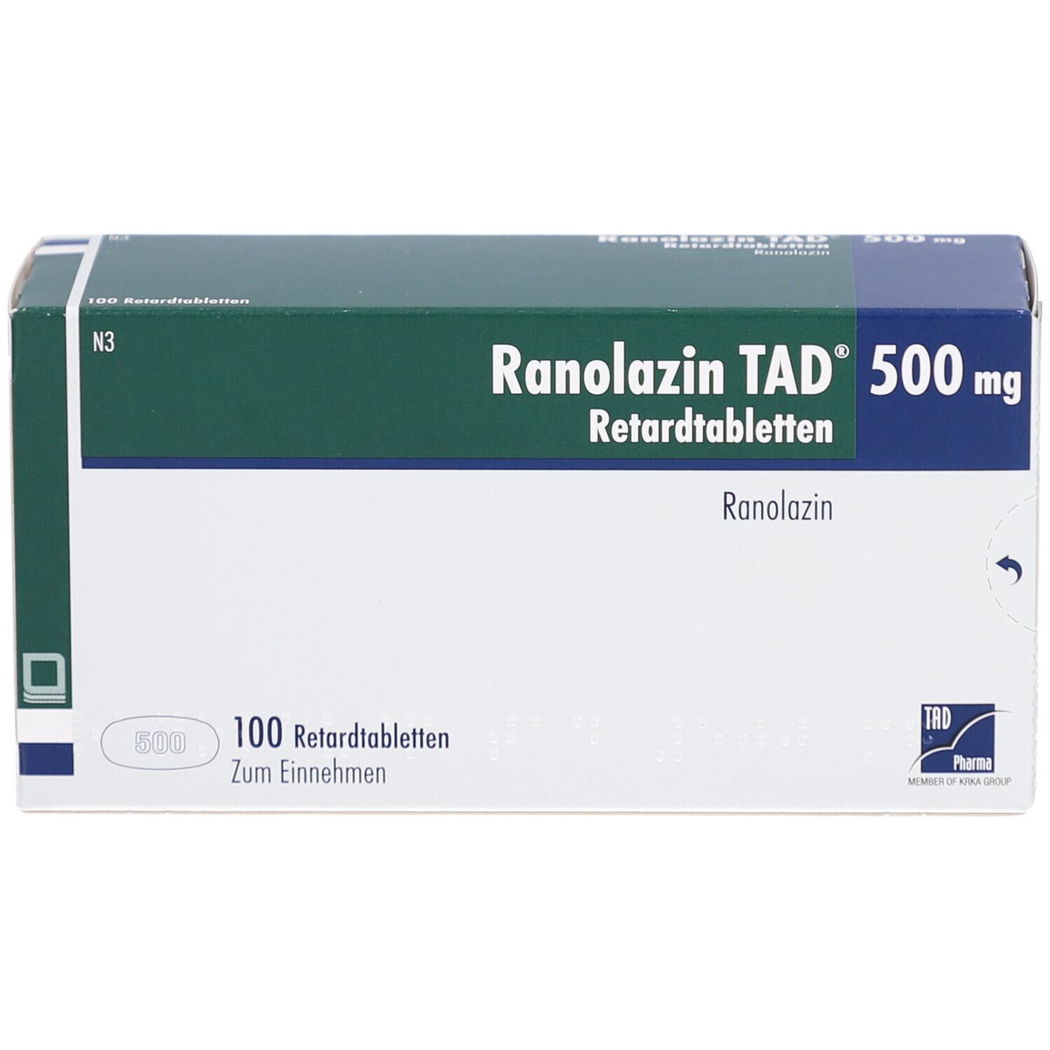 Schachtel mit RANOLAZIN TAD 500 mg Retardtabletten. Aufschrift: 100 Retardtabletten. Grün-weiße Verpackung.
