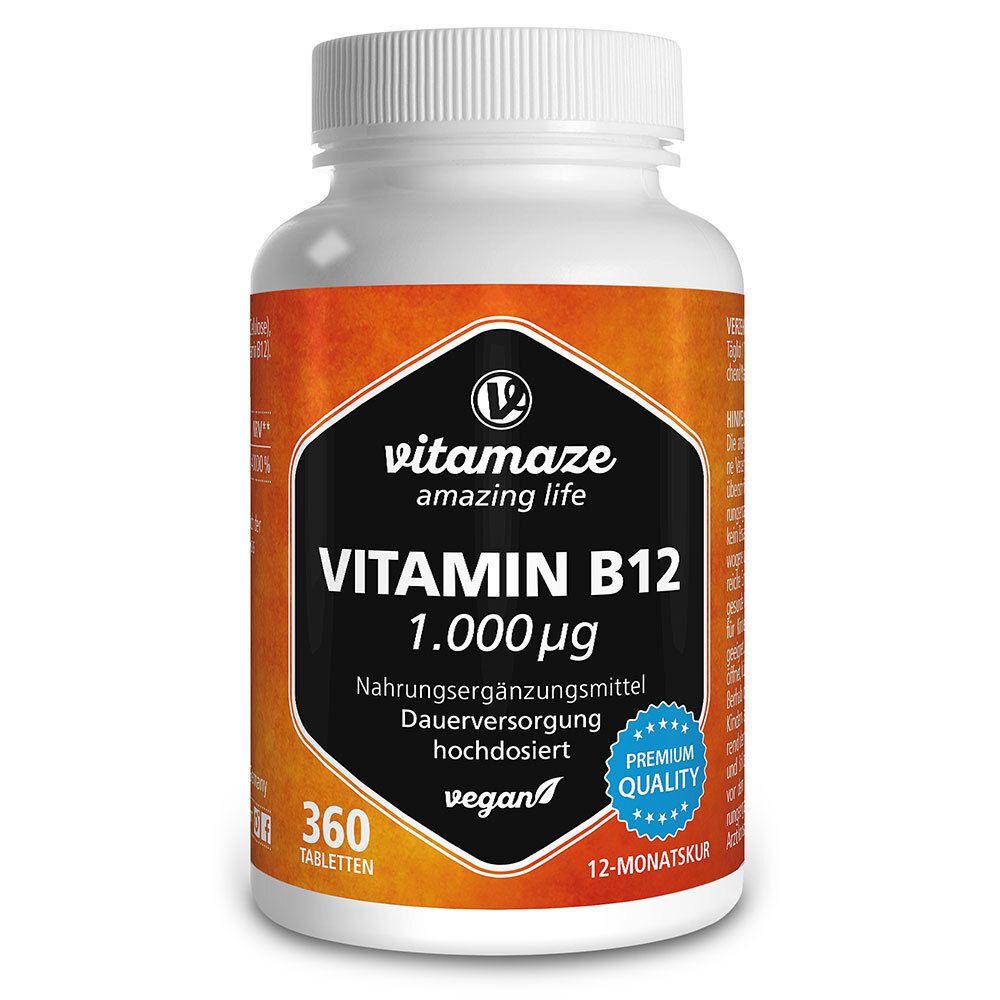 Weiße Flasche mit Vitamin B12 Tabletten. Schwarzes Etikett mit Produktinformationen und Marke vitamaze. Vegan, 360 Tabletten.