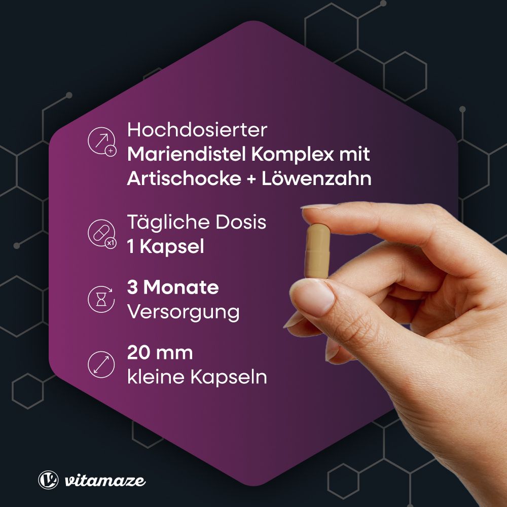 Hand hält Kapsel. Text: Hochdosierter Mariendistel Komplex mit Artischocke + Löwenzahn. 1 Kapsel täglich.