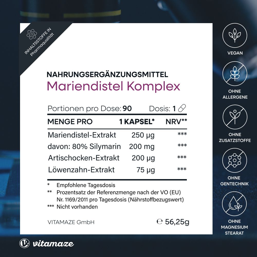 Nahrungsergänzungsmittel Mariendistel Komplex. Inhaltsstoffe, Nährwerte, vegan, ohne Allergene, ohne Zusätze.