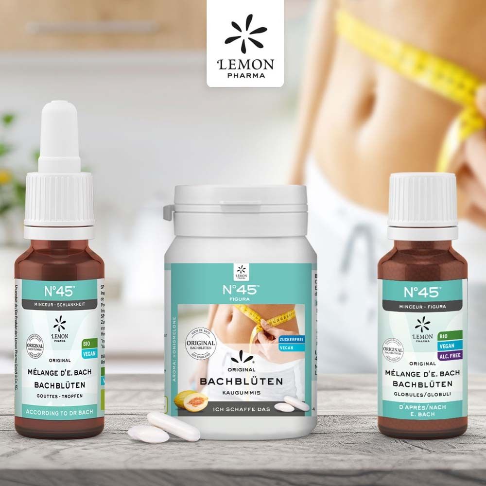 Drei Produkte: Flasche, Kaugummis, Tropfen. Produktname N°45, Logo, und Text. Bio, Vegan, Alkoholfrei.