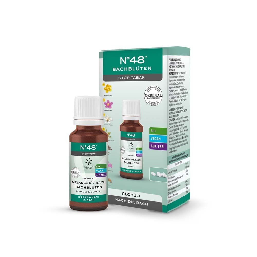 Produktflasche und Verpackung. Flasche: braunes Glas, weißer Deckel. Verpackung: weiß, grün, Text: N°48 Stop Tabak.