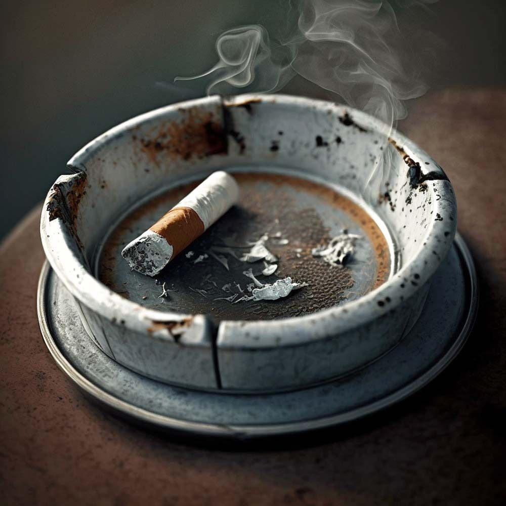 Aschenbecher mit Zigarette. Zigarette mit weißem Filter, Asche. Aschenbecher metallisch, rund.