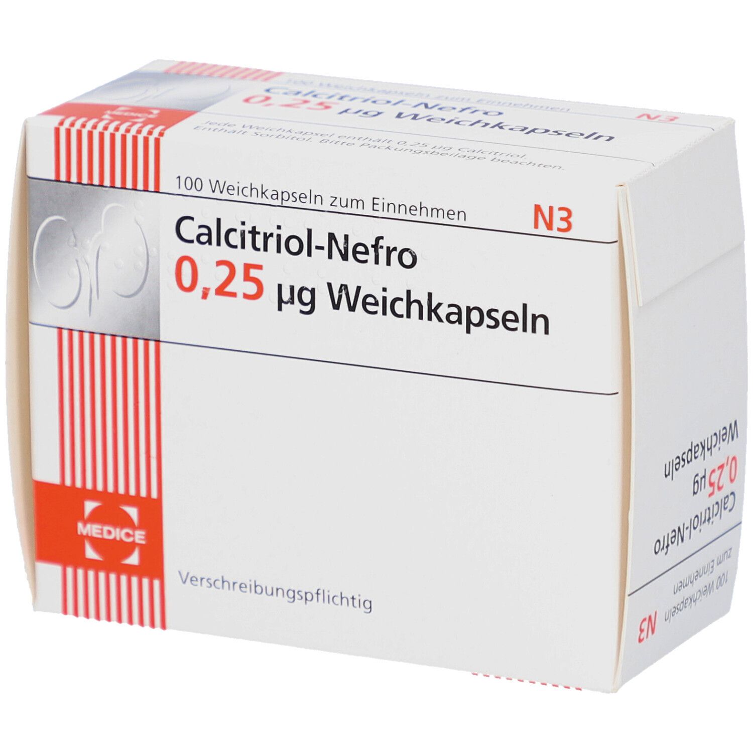 Weichkapseln-Packung. Aufschrift: Calcitriol-Nefro 0,25 µg. Herstellerlogo. N3-Kennzeichnung. 100 Weichkapseln. Verschreibungspflichtig.