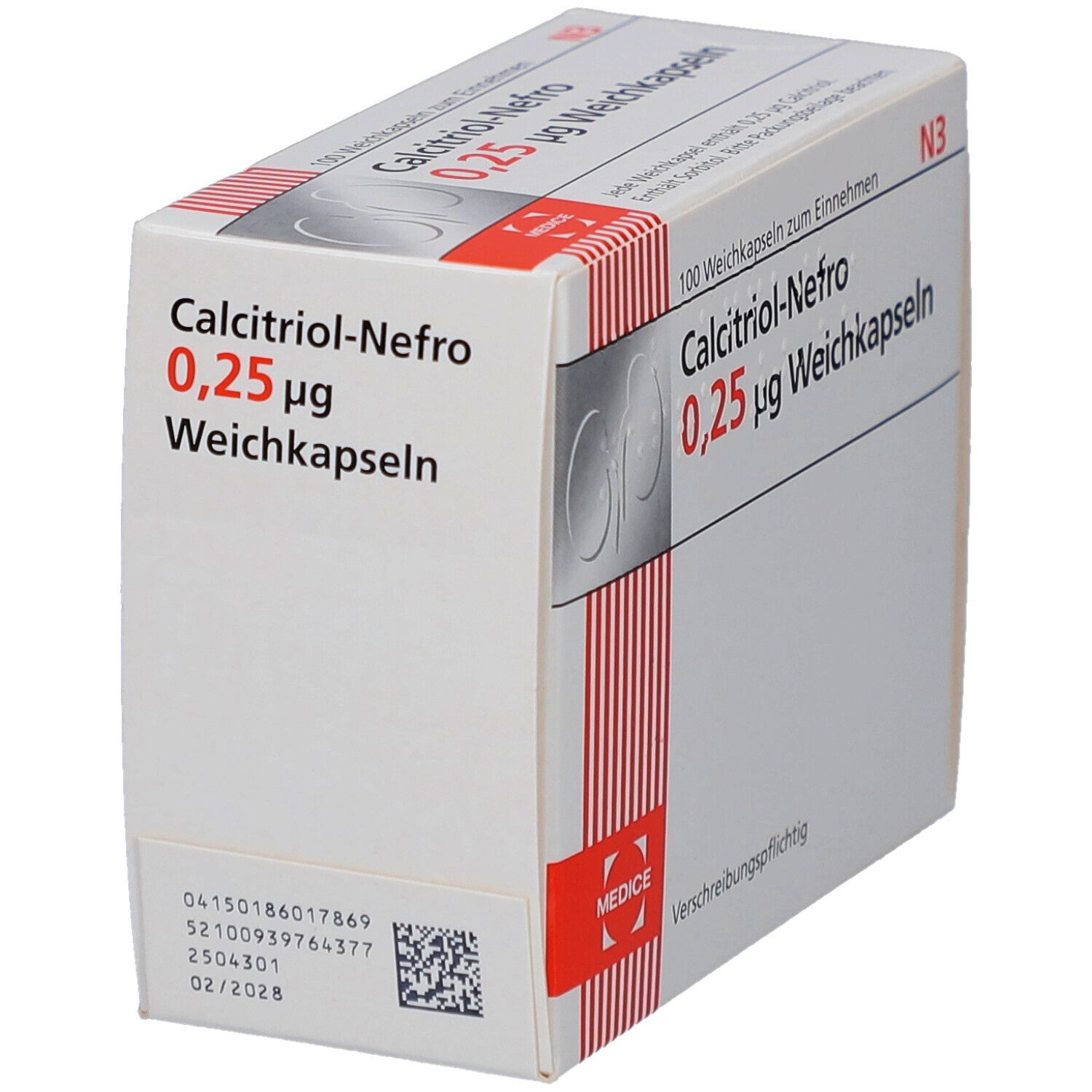 Weichkapseln-Packung. Aufschrift: Calcitriol-Nefro 0,25 µg. Herstellerlogo. N3-Kennzeichnung. Barcode und Chargennummer. Verschreibungspflichtig.