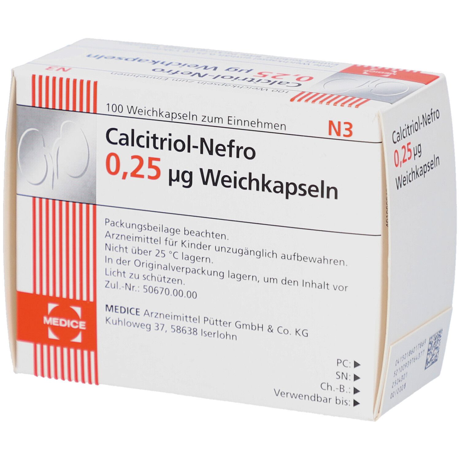 Weichkapseln-Packung. Aufschrift: Calcitriol-Nefro 0,25 µg. Herstellerlogo. N3-Kennzeichnung. Packungsbeilage. Lagerhinweis. Verschreibungspflichtig.