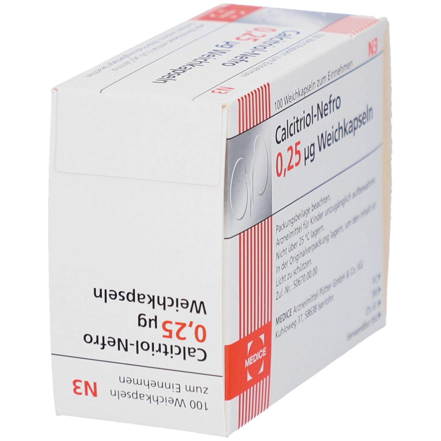 Weichkapseln-Packung. Aufschrift: Calcitriol-Nefro 0,25 µg. Herstellerlogo. N3-Kennzeichnung. 100 Weichkapseln. Verschreibungspflichtig.
