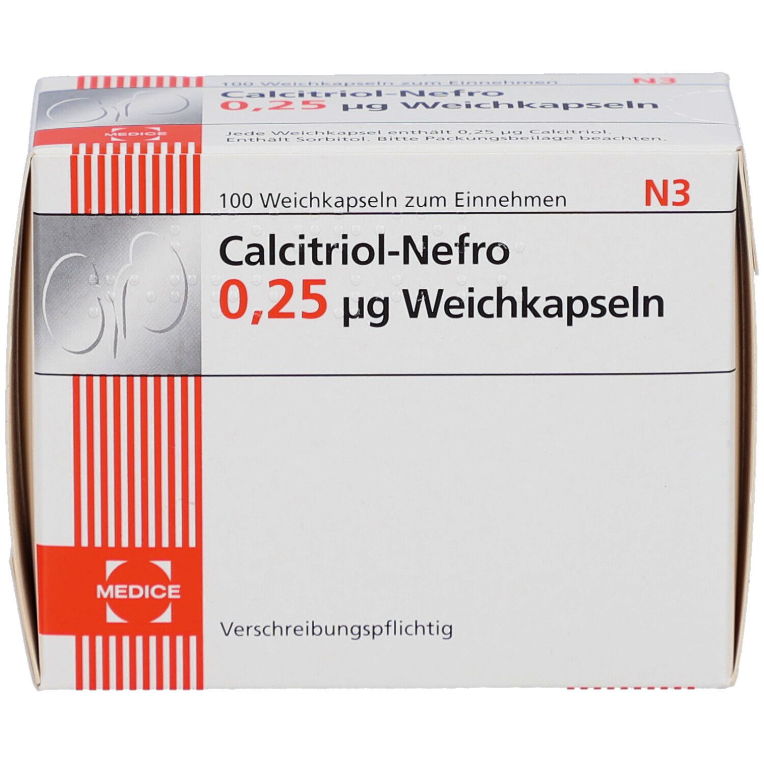 Weichkapseln-Packung. Aufschrift: Calcitriol-Nefro 0,25 µg. Herstellerlogo. N3-Kennzeichnung. 100 Weichkapseln. Verschreibungspflichtig.