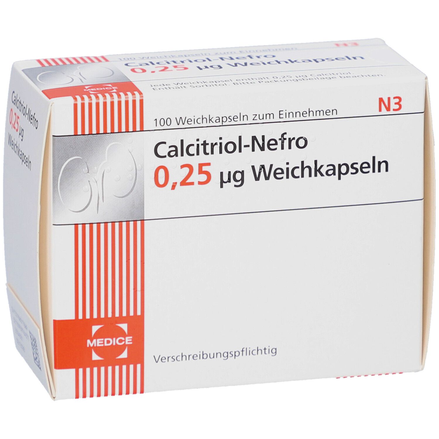 Weichkapseln-Packung. Aufschrift: Calcitriol-Nefro 0,25 µg. Herstellerlogo. N3-Kennzeichnung. 100 Weichkapseln. Verschreibungspflichtig.