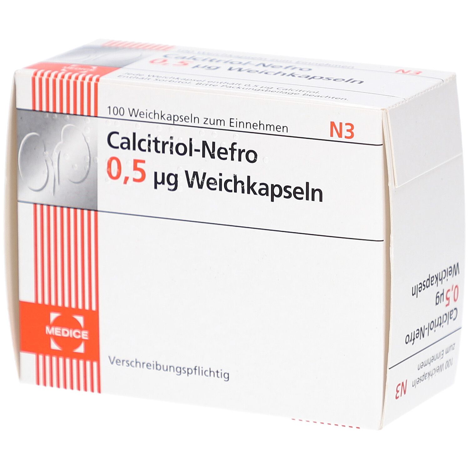 Weichkapseln-Packung. Aufschrift: Calcitriol-Nefro 0,5 µg Weichkapseln. Herstellerlogo. Rote und weiße Streifen. 100 Weichkapseln.