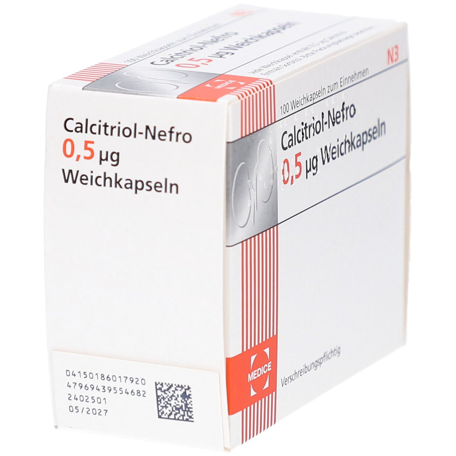 Weichkapseln-Packung. Aufschrift: Calcitriol-Nefro 0,5 µg Weichkapseln. Herstellerlogo. Rote und weiße Streifen. Barcode und Verfallsdatum.