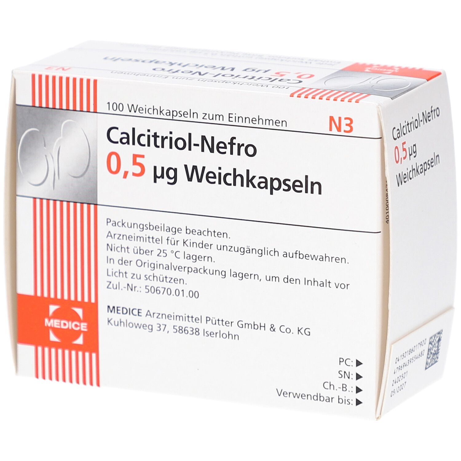Weichkapseln-Packung. Aufschrift: Calcitriol-Nefro 0,5 µg Weichkapseln. Herstellerlogo. Rote und weiße Streifen. Text mit Lagerhinweisen.