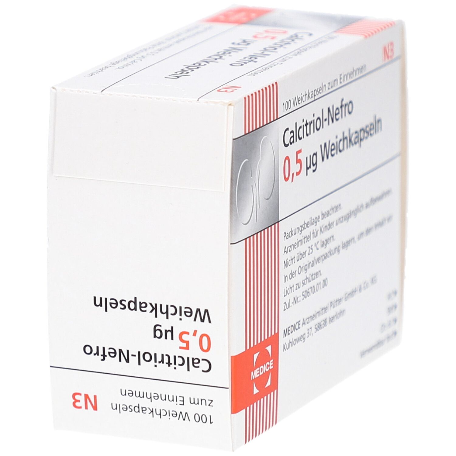 Weichkapseln-Packung. Aufschrift: Calcitriol-Nefro 0,5 µg Weichkapseln. Herstellerlogo. Rote und weiße Streifen. 100 Weichkapseln.
