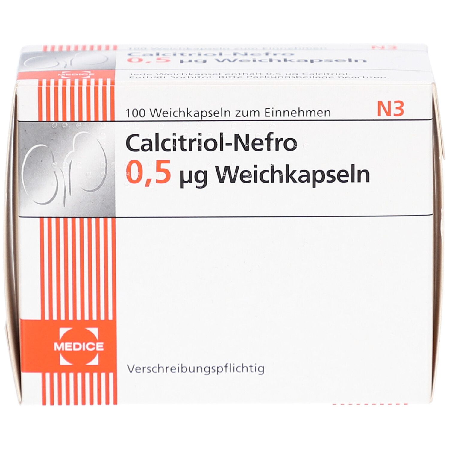 Weichkapseln-Packung. Aufschrift: Calcitriol-Nefro 0,5 µg Weichkapseln. Herstellerlogo. Rote und weiße Streifen. 100 Weichkapseln.