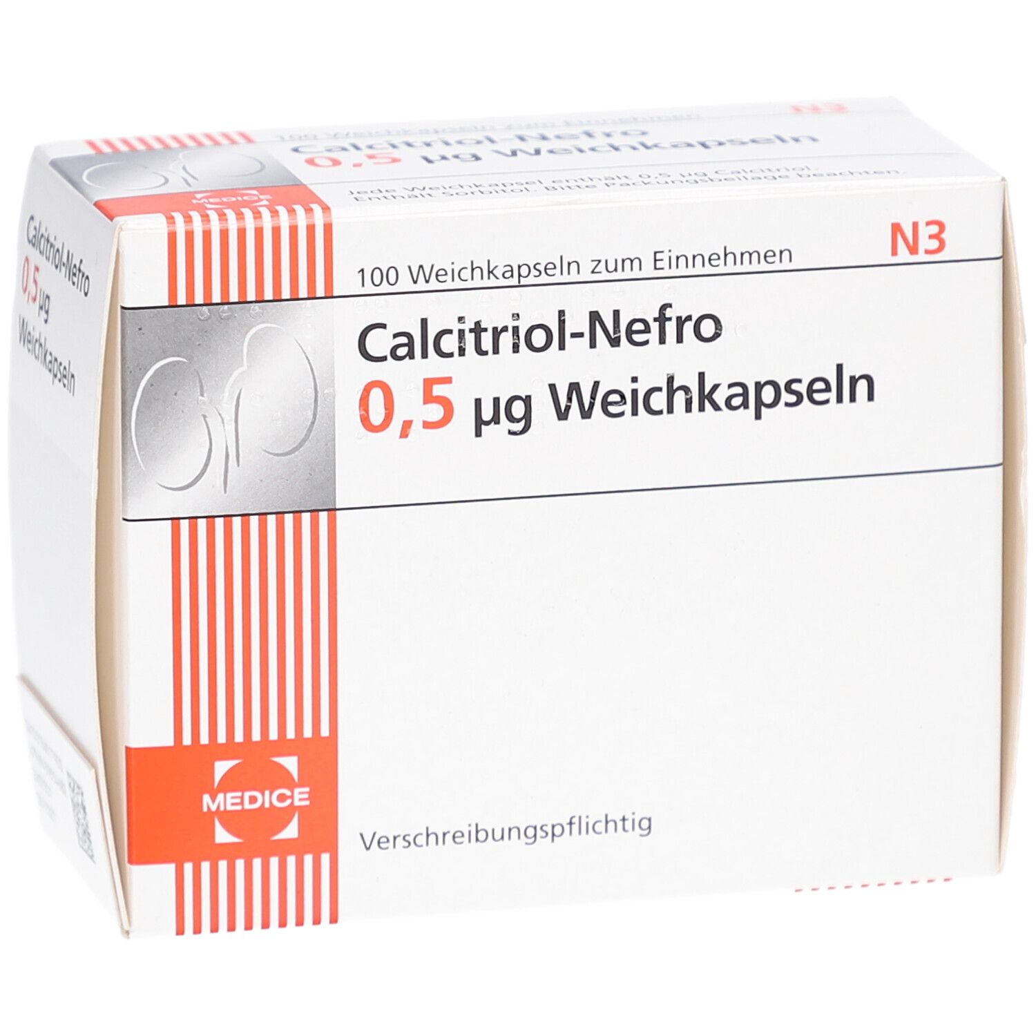 Weichkapseln-Packung. Aufschrift: Calcitriol-Nefro 0,5 µg Weichkapseln. Herstellerlogo. Rote und weiße Streifen. 100 Weichkapseln.