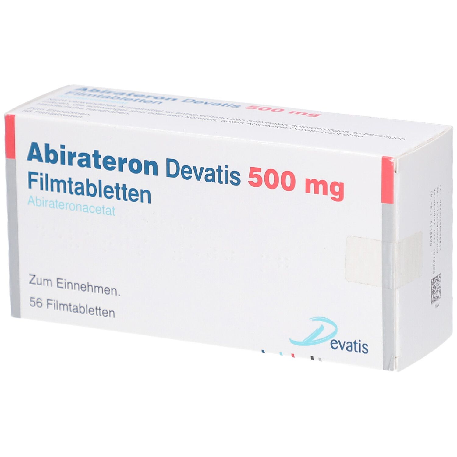 Schachtel mit "Abirateron Devatis 500 mg Filmtabletten". 56 Tabletten. Weiß, rot und blau. "Zum Einnehmen".