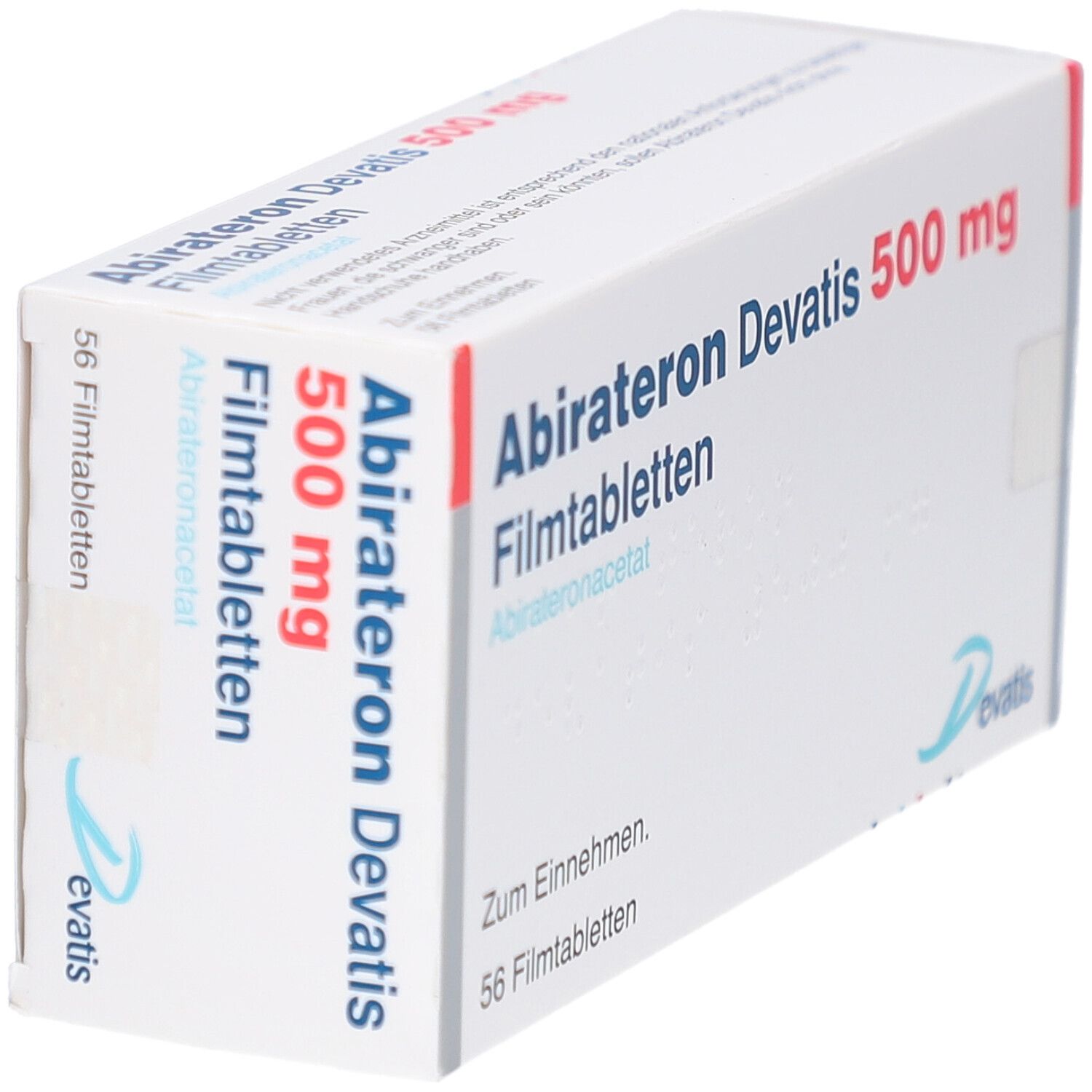 Schachtel "Abirateron Devatis 500 mg Filmtabletten". Weiß, rot und blau. 56 Tabletten. "Zum Einnehmen". Marke Devatis.