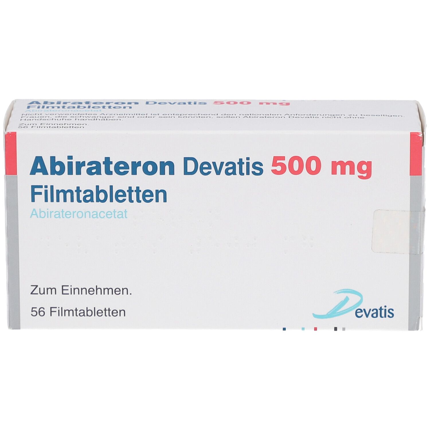 Schachtel "Abirateron Devatis 500 mg Filmtabletten". Weiß, rot und blau. 56 Tabletten. "Zum Einnehmen". Marke Devatis.
