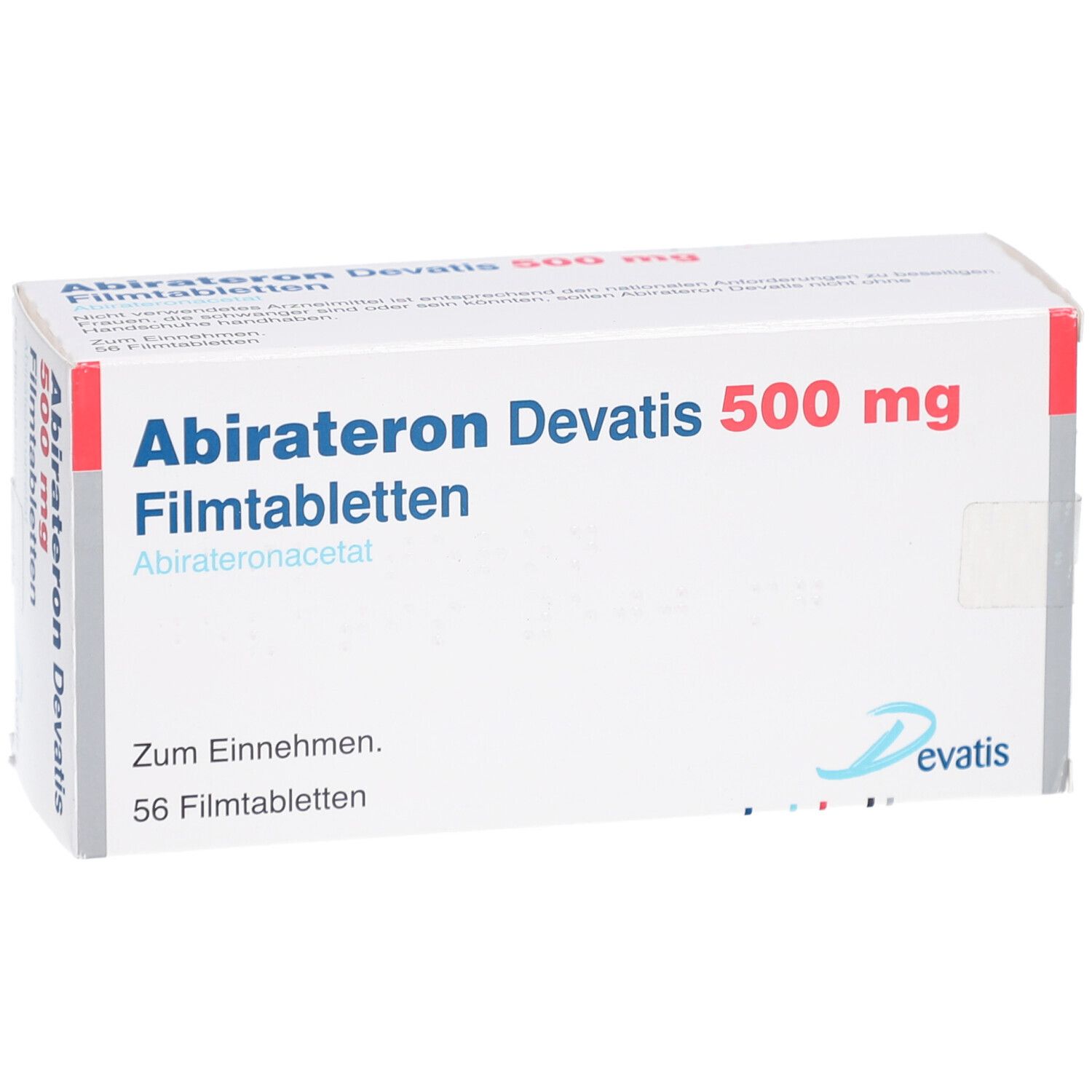 Schachtel "Abirateron Devatis 500 mg Filmtabletten". Weiß, rot und blau. 56 Tabletten. "Zum Einnehmen". Marke Devatis.