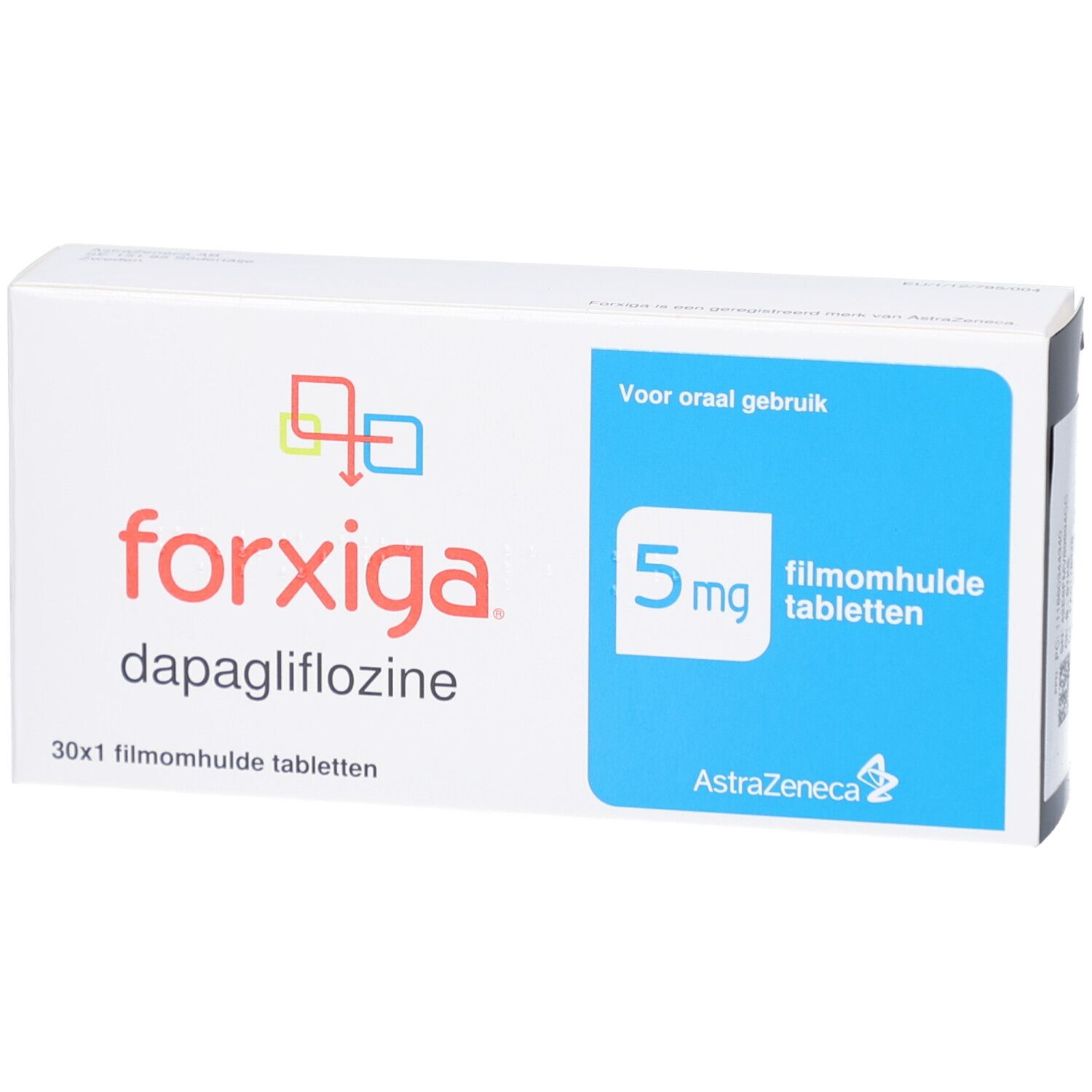 Schachtel FORXIGA 5 mg Filmtabletten. Aufschrift: 5 mg, 30x1 Filmtabletten, AstraZeneca. Blaue und weiße Verpackung.
