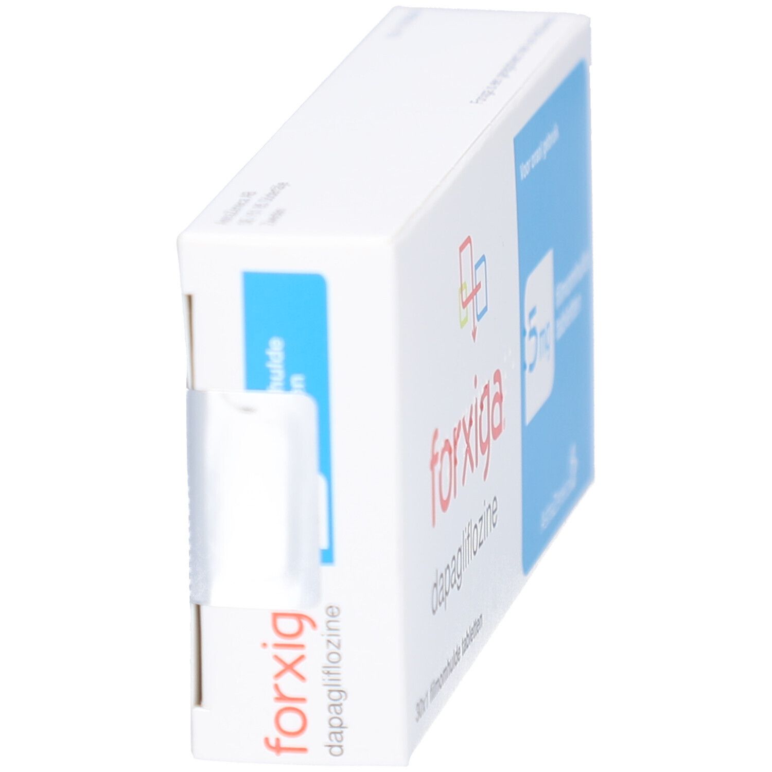 FORXIGA-Schachtel, Seitenansicht. Aufschrift: FORXIGA, Dapagliflozin. Blaue Markierung. Weiße Verpackung.