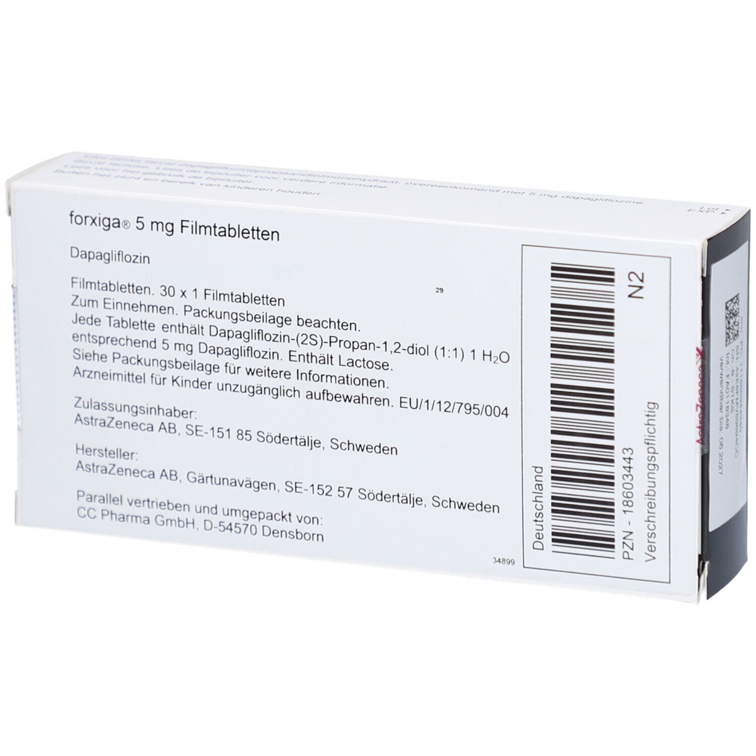 Rückseite der FORXIGA-Schachtel. Aufschrift: 5 mg Filmtabletten, AstraZeneca. Barcode und weitere Informationen.
