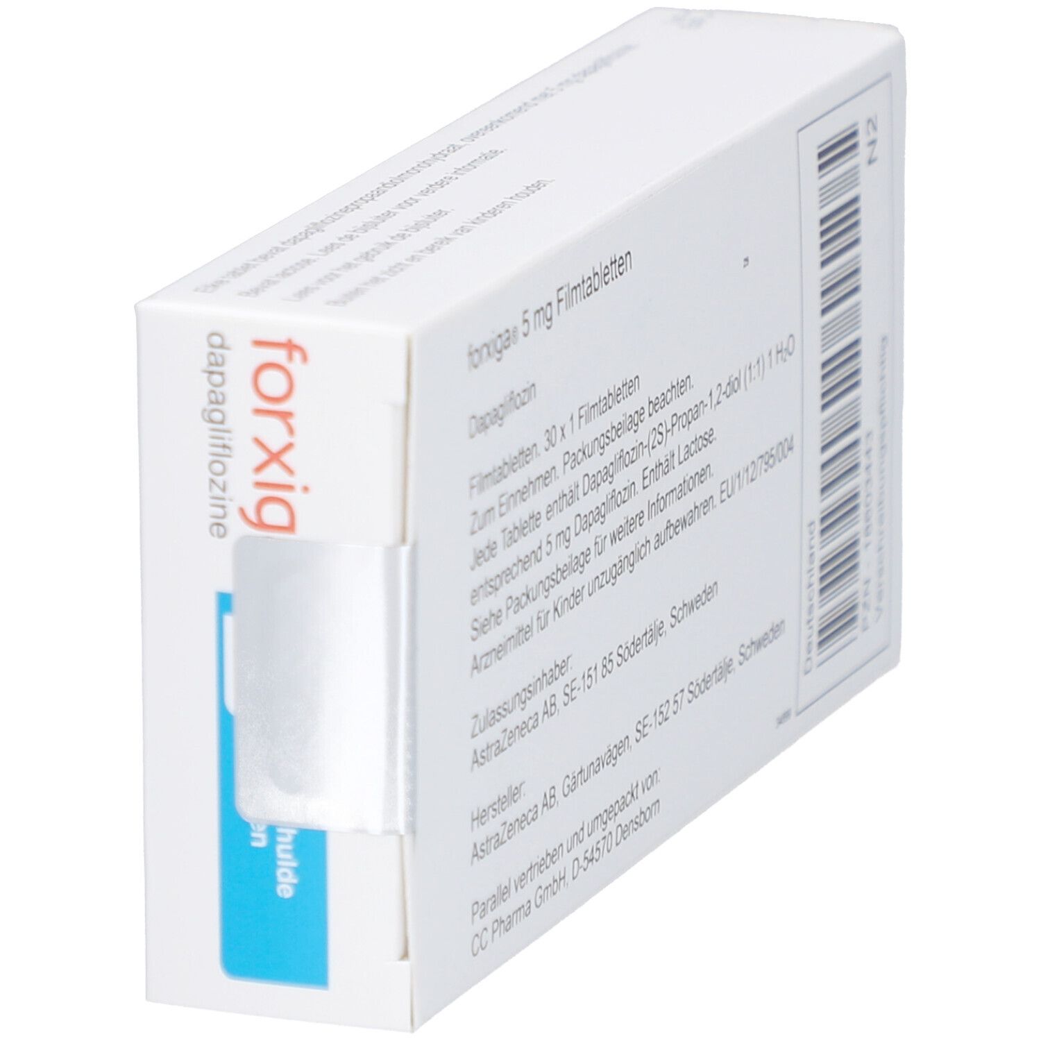 FORXIGA-Schachtel, Seitenansicht. Aufschrift: FORXIGA, Dapagliflozin. Blaue Markierung. Weiße Verpackung.