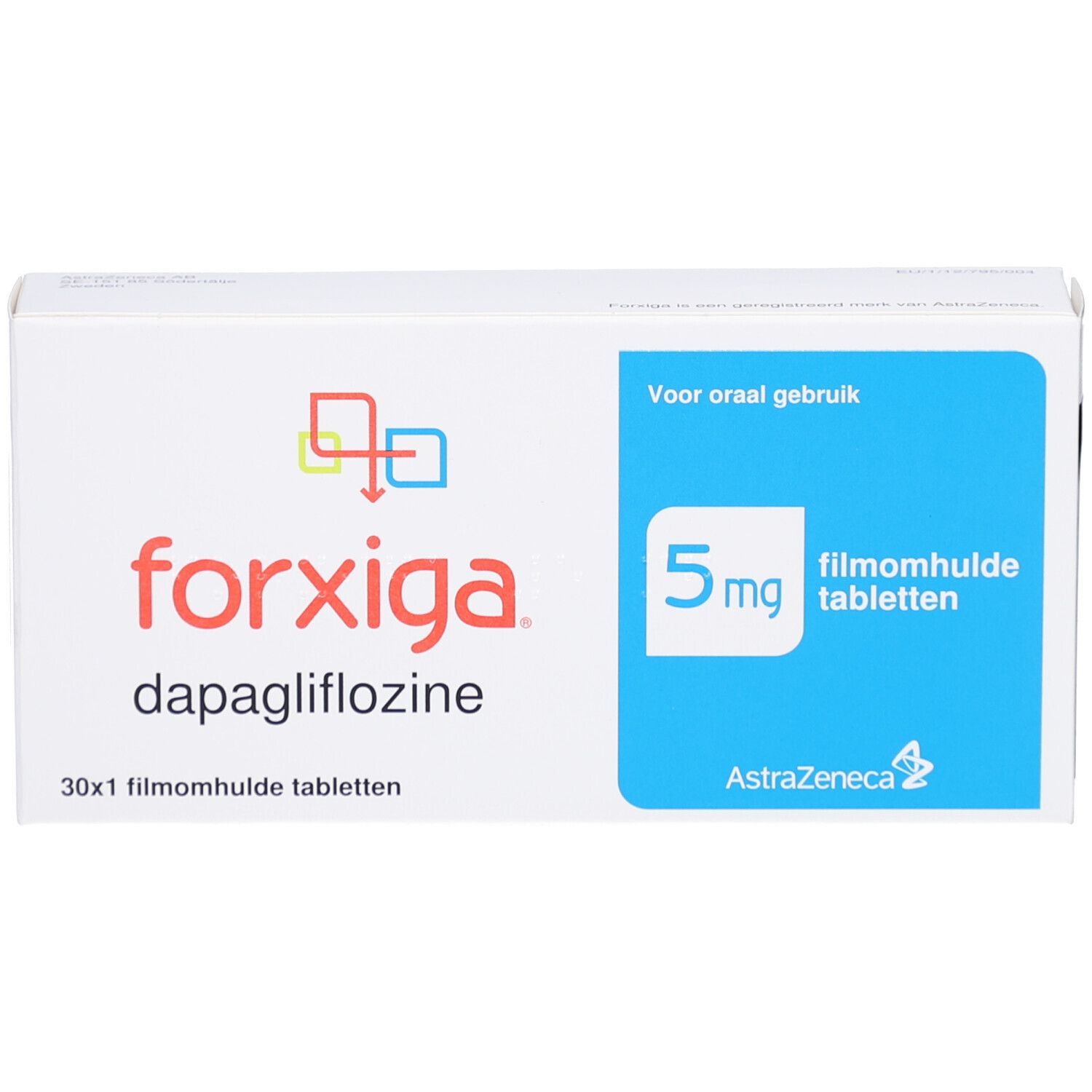 Schachtel FORXIGA 5 mg Filmtabletten. Aufschrift: 5 mg, 30x1 Filmtabletten, AstraZeneca. Blaue und weiße Verpackung.