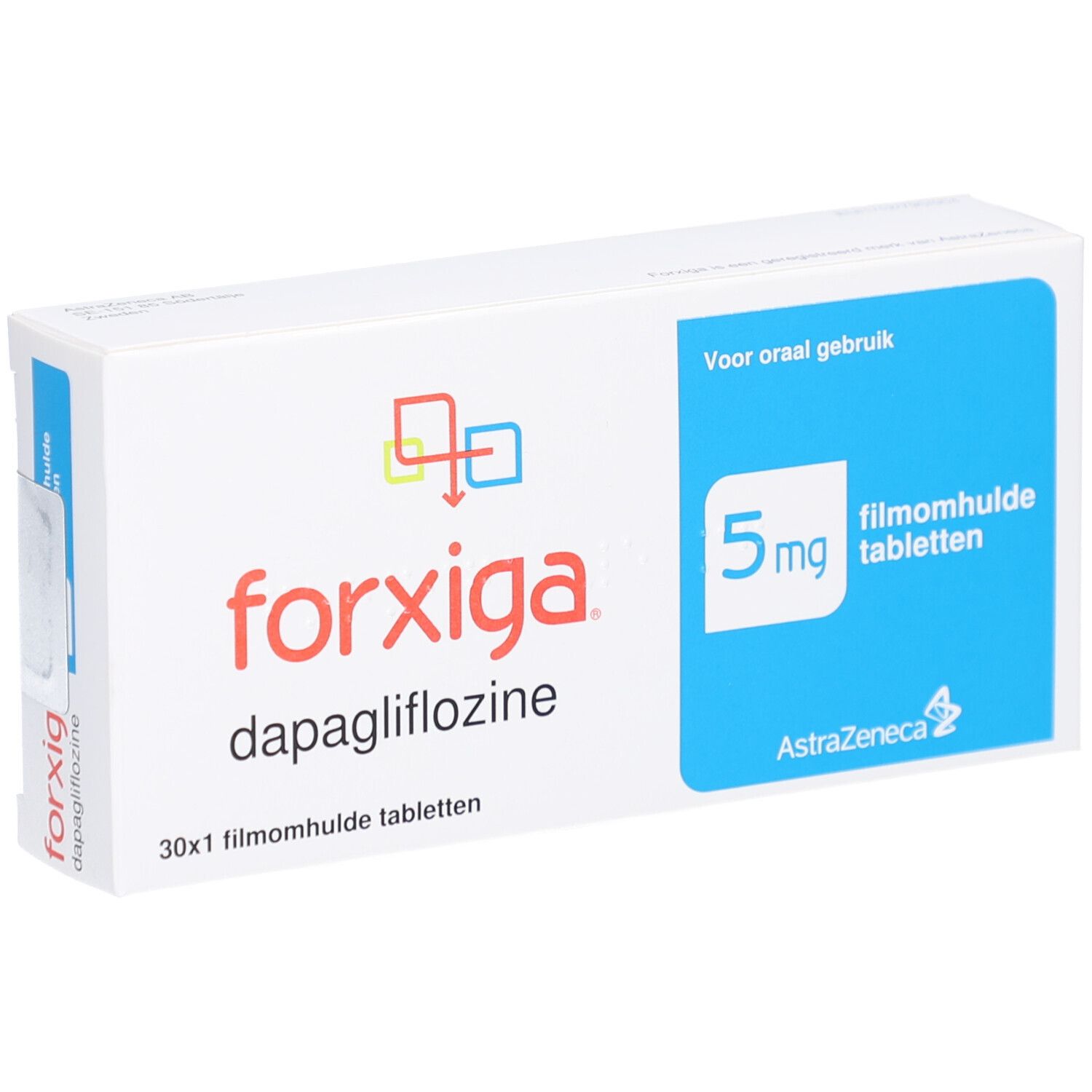 FORXIGA-Schachtel. Aufschrift: dapagliflozin, 30x1 Filmtabletten, 5 mg, AstraZeneca. Blaue und rote Logos. Schräge Ansicht.