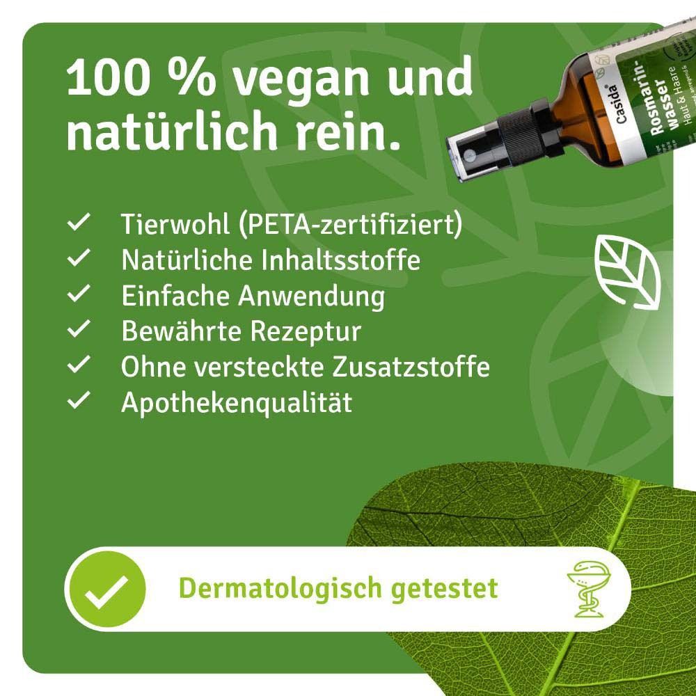 Produktflasche auf grünem Blatt. Text: 100% vegan und natürlich rein. PETA-zertifiziert, natürliche Inhaltsstoffe, dermatologisch getestet.