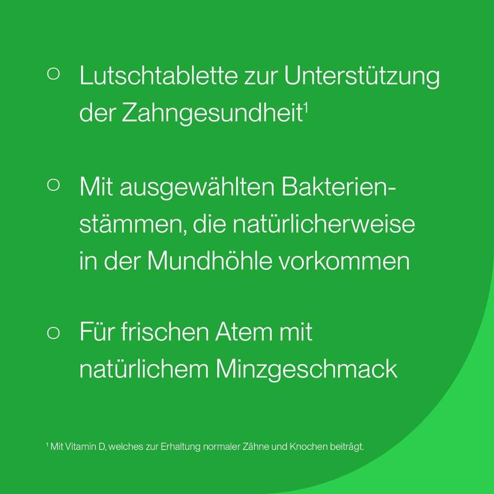 Grüner Hintergrund mit Text: Lutschtablette zur Unterstützung der Zahngesundheit. Mit Minzgeschmack.