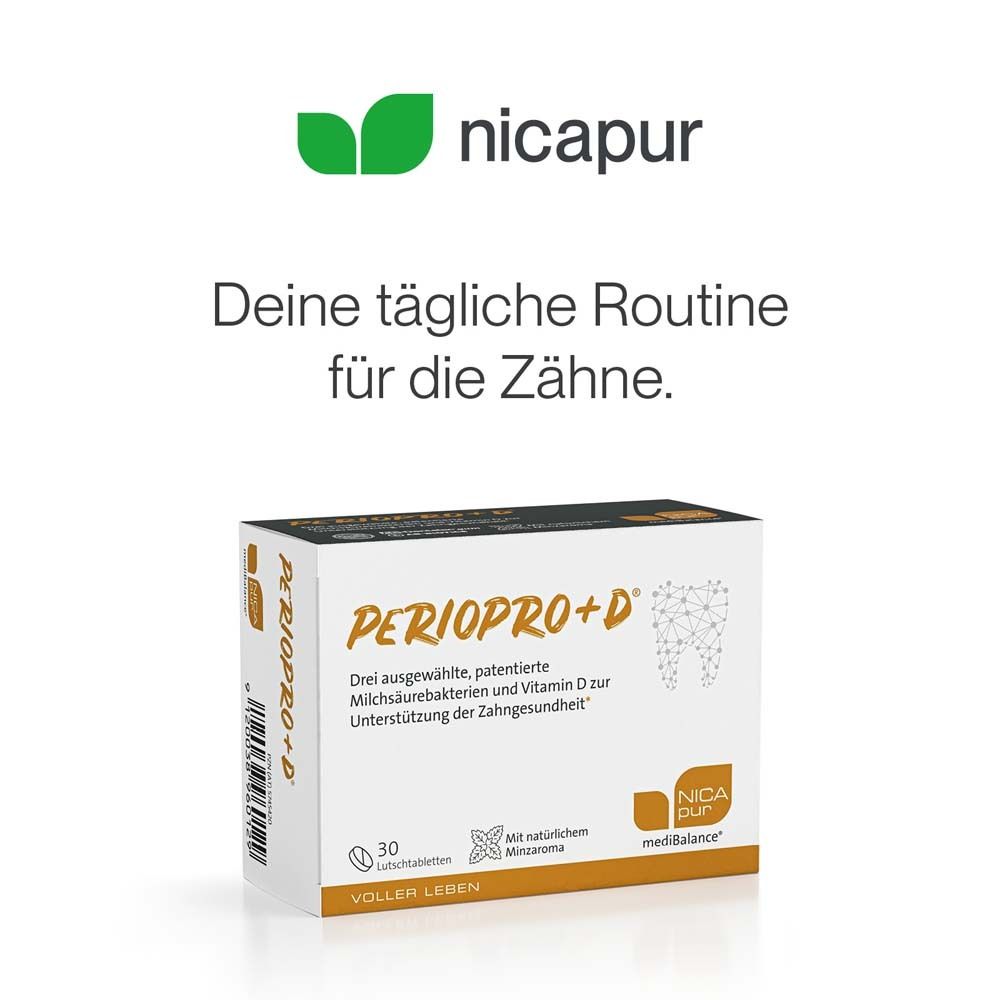 Produktverpackung mit Logo "NICApur". Text: "Deine tägliche Routine für die Zähne".