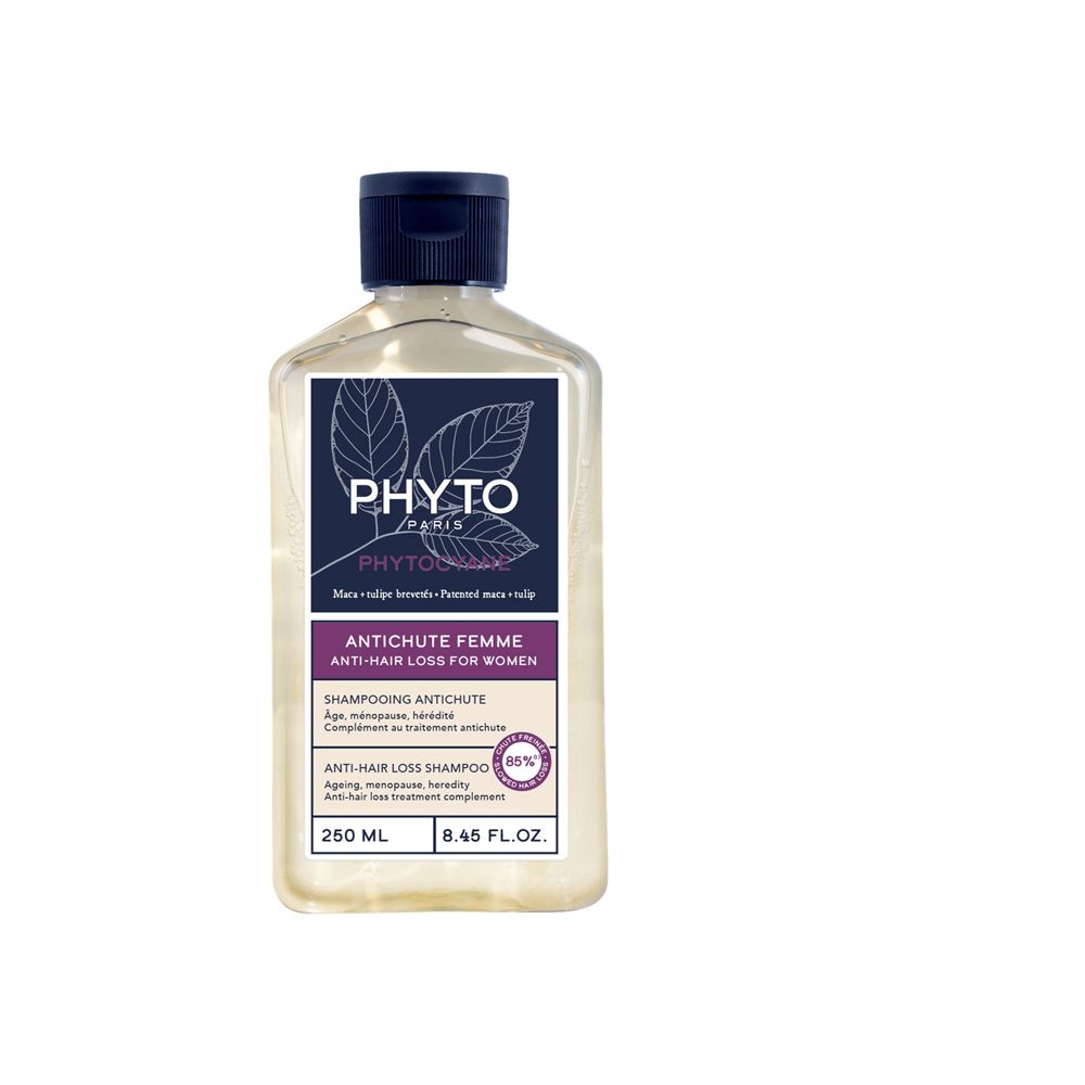 Flasche mit Shampoo. Aufschrift: PHYTO Paris, Antichute Femme, Anti-Haarausfall für Frauen. 250 ml, 8.45 FL.OZ.