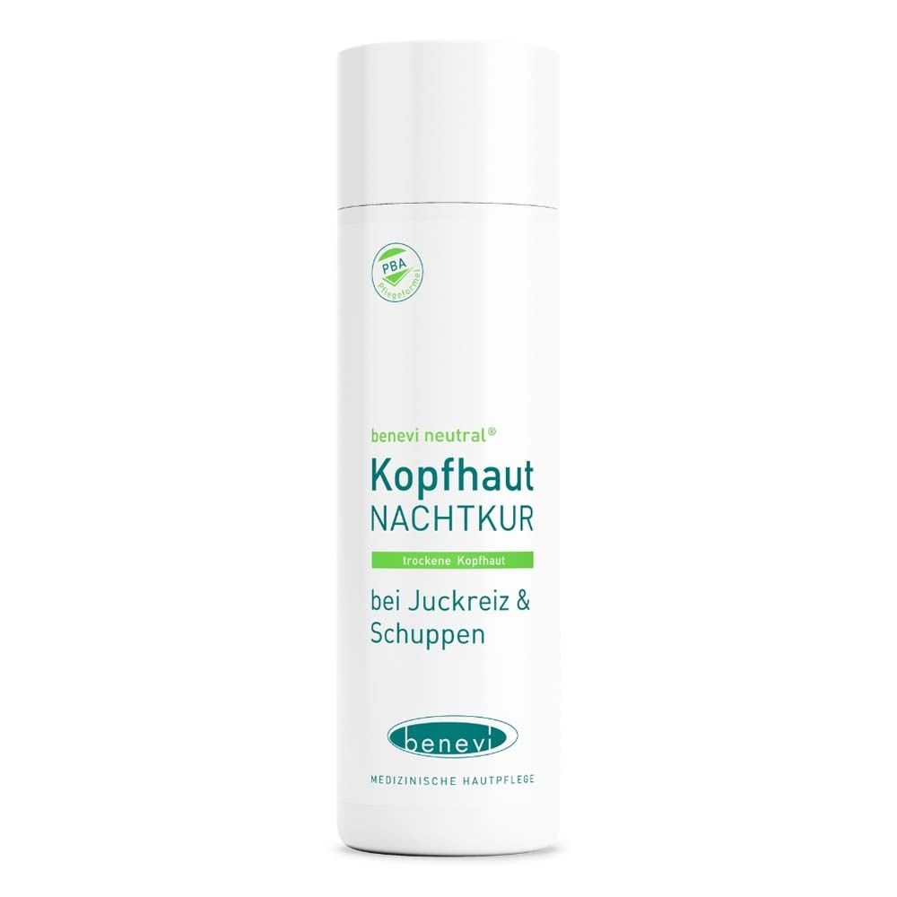 Weißes Produkt, benevi neutral Kopfhaut-Nachtkur. Text: Kopfhaut Nachtkur, bei Juckreiz & Schuppen. Grünes Logo.