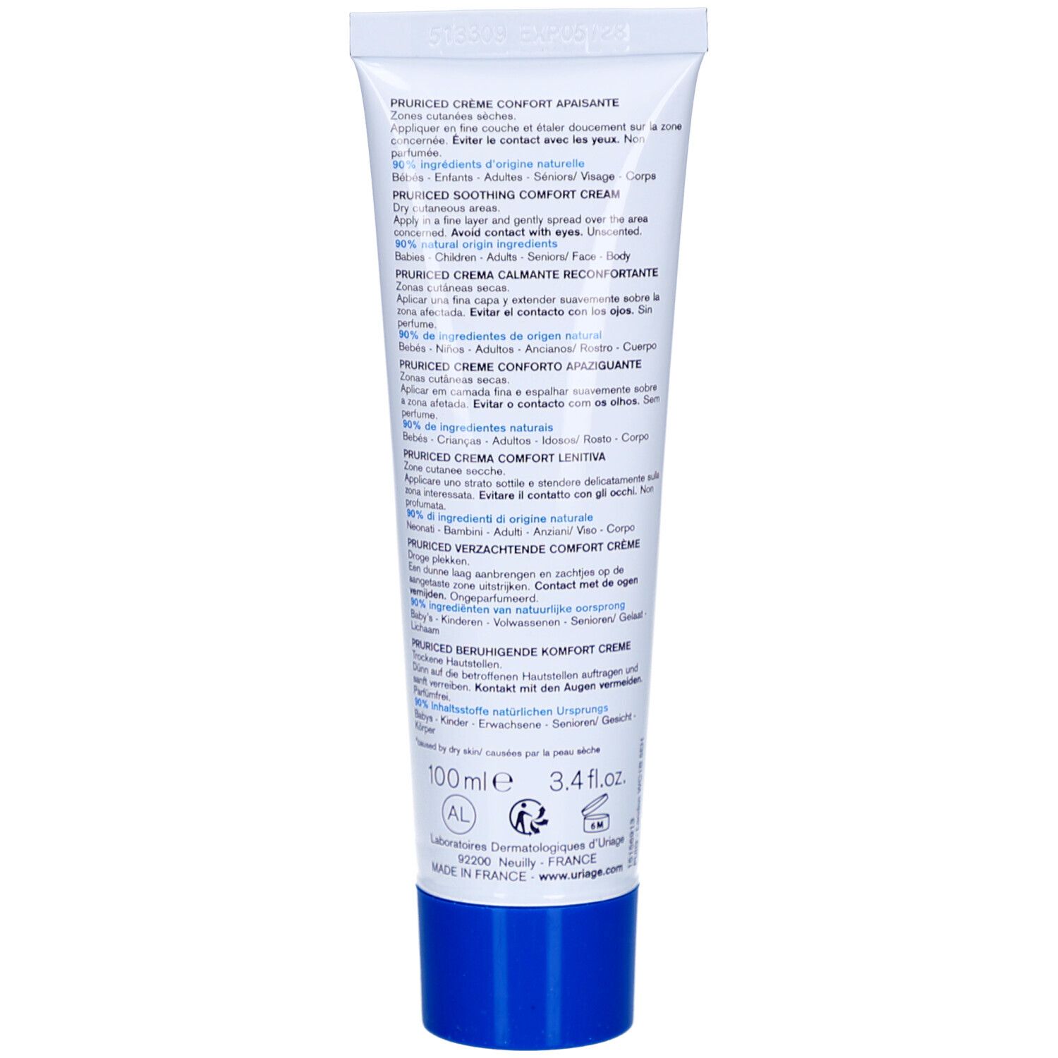 Rückseite der weißen Tube. Text in mehreren Sprachen. Enthält Informationen zu Inhaltsstoffen und Anwendung. Mit 100 ml und Logos.