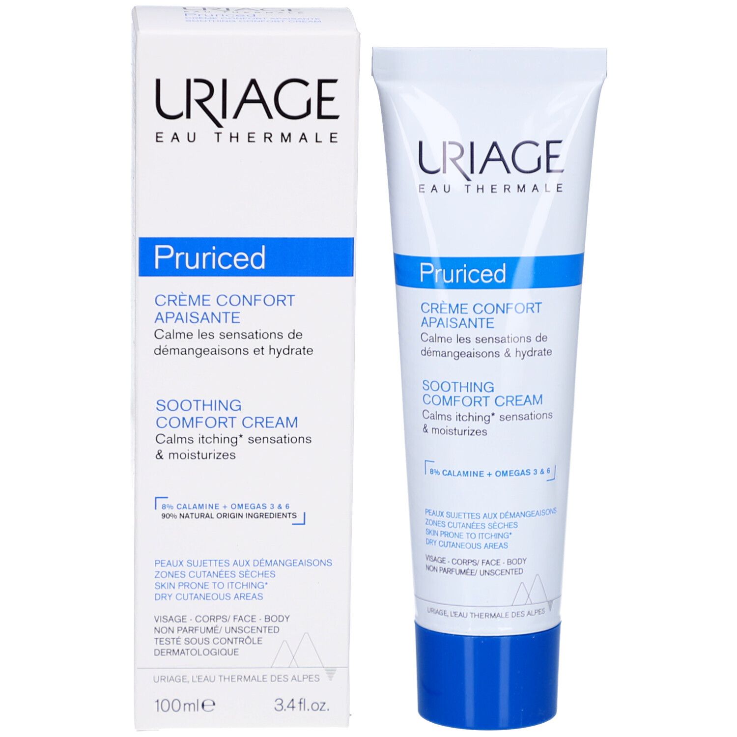 Produktverpackung: Tube und Schachtel. Aufschrift: URIAGE, Pruriced, Crème Confort Apaisante, Soothing Comfort Cream. Mit 100 ml.