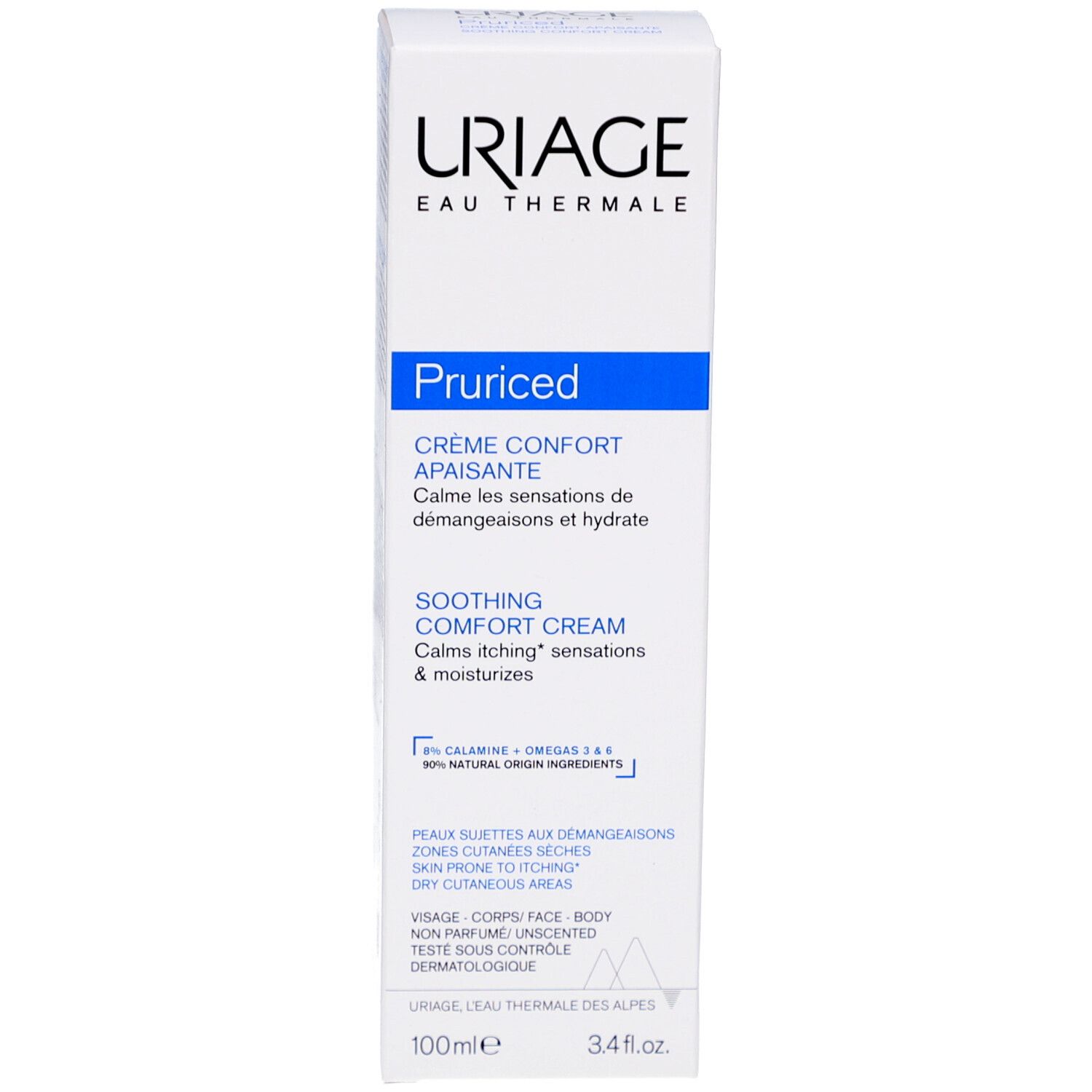 Weiße Schachtel mit blauer Schrift. Aufschrift: URIAGE, Pruriced, Crème Confort Apaisante, Soothing Comfort Cream. Mit 100 ml.