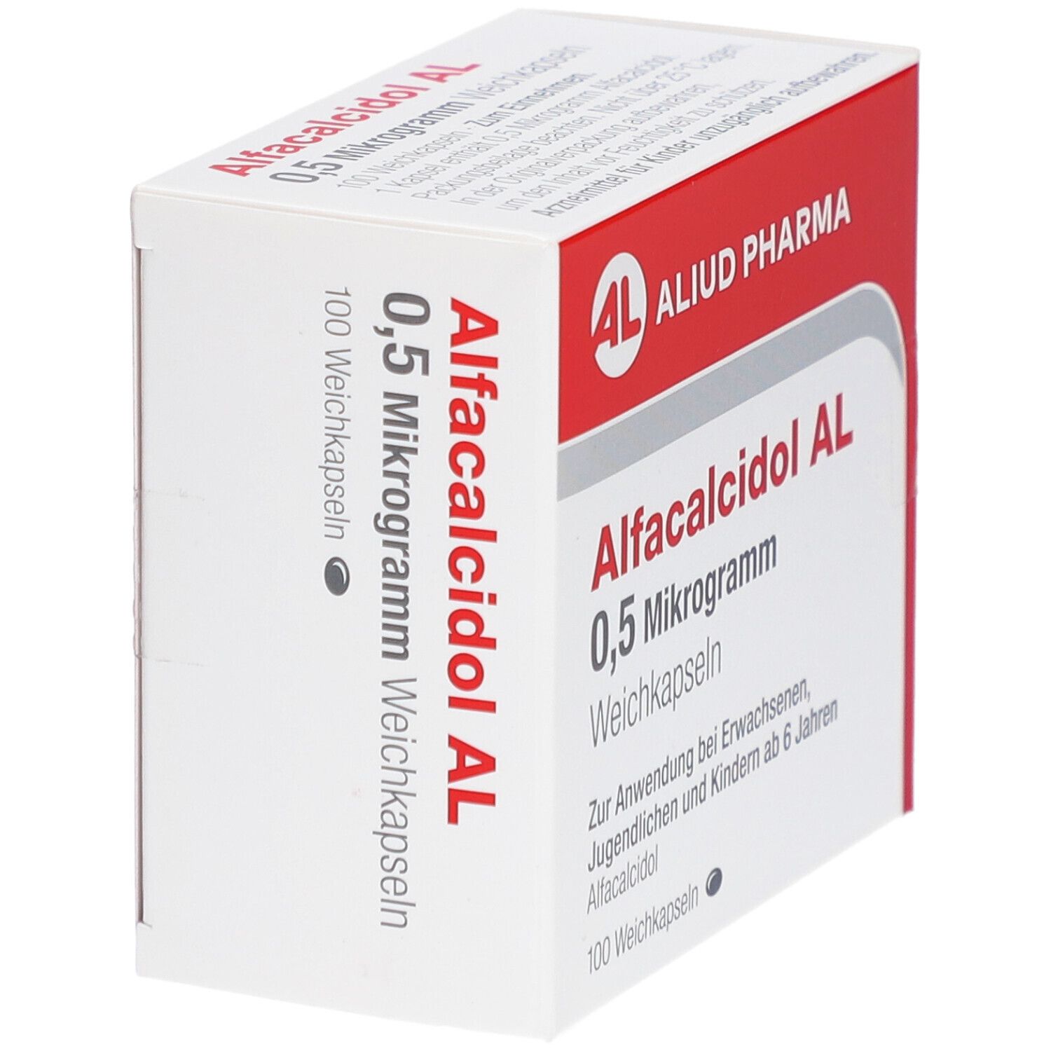Schräg gestellte Weichkapseln-Packung. Aufschrift: Alfacalcidol AL 0,5 Mikrogramm. Marke: ALIUD PHARMA. 100 Weichkapseln. Rotes und weißes Design.