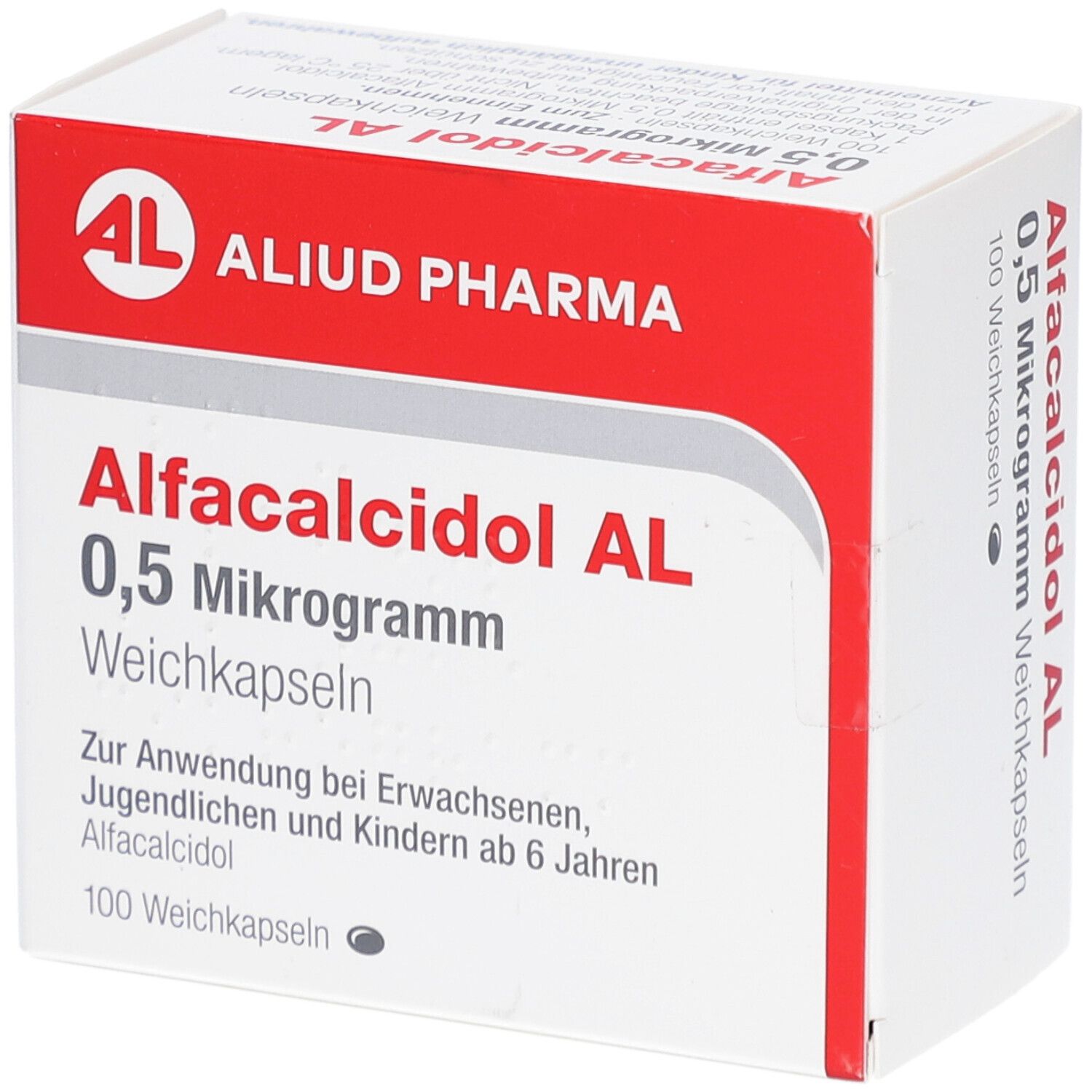 Weichkapseln-Packung mit rotem und weißem Design. Aufschrift: Alfacalcidol AL 0,5 Mikrogramm. Marke: ALIUD PHARMA. 100 Weichkapseln.