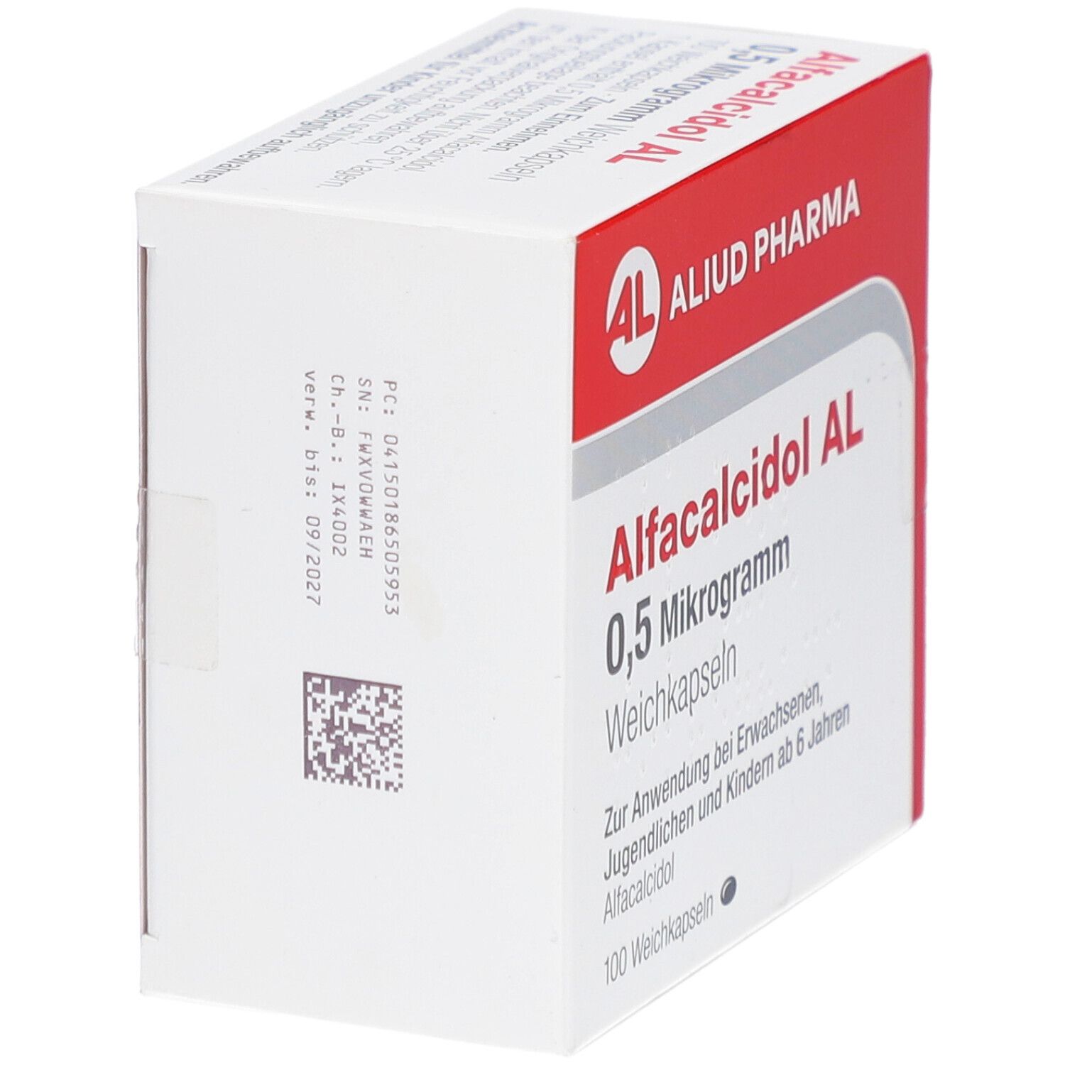 Schräg gestellte Weichkapseln-Packung. Aufschrift: Alfacalcidol AL 0,5 Mikrogramm. Marke: ALIUD PHARMA. 100 Weichkapseln. Rotes und weißes Design.