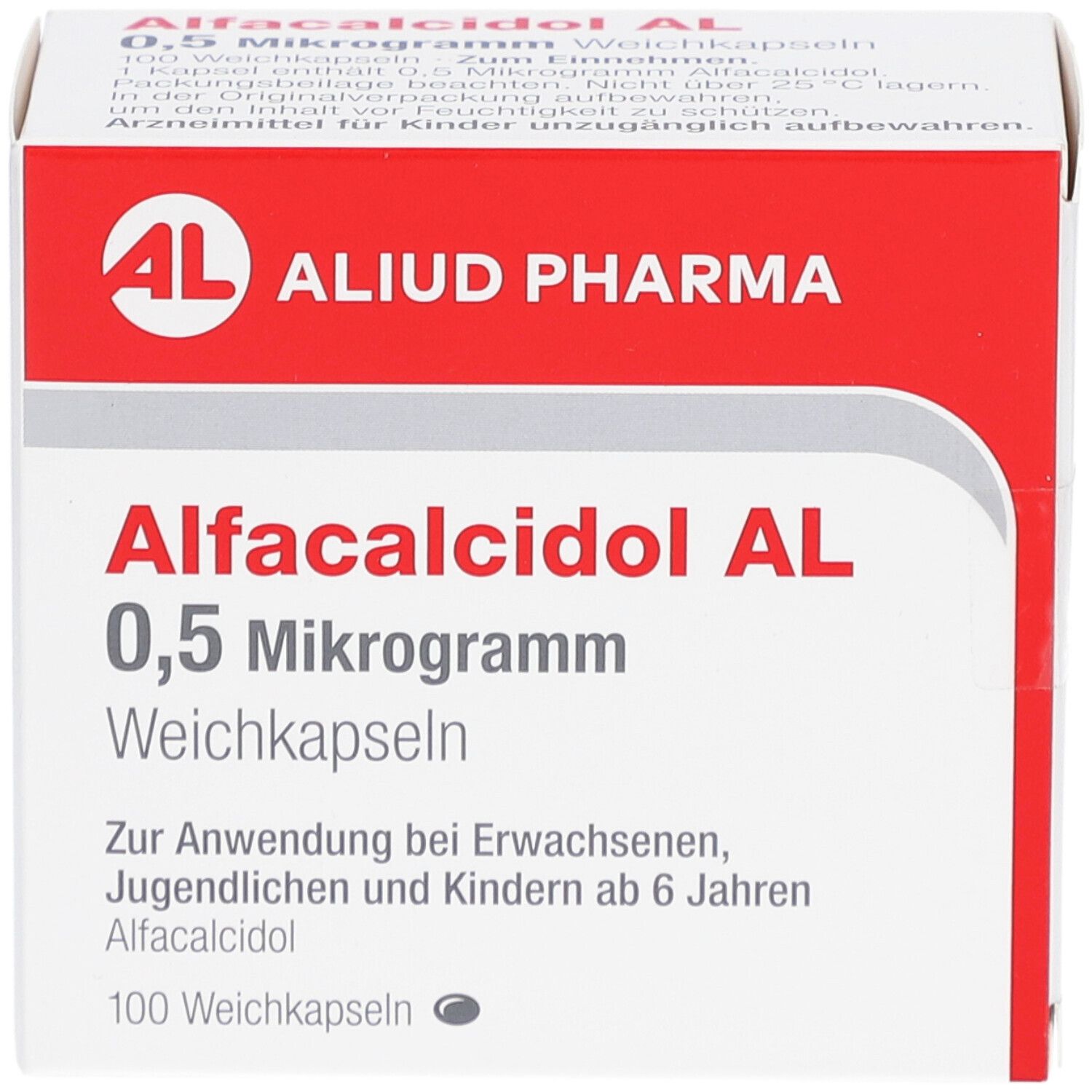 Weichkapseln-Packung mit rotem und weißem Design. Aufschrift: Alfacalcidol AL 0,5 Mikrogramm. Marke: ALIUD PHARMA. 100 Weichkapseln.