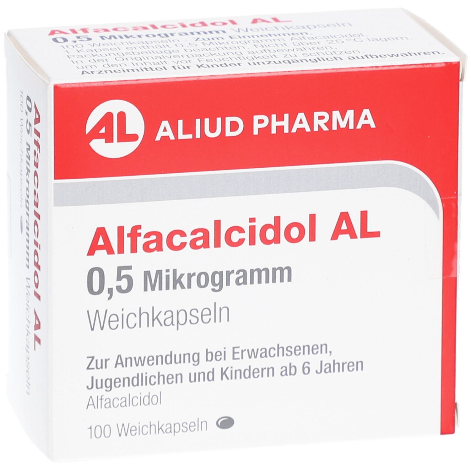 Weichkapseln-Packung mit rotem und weißem Design. Aufschrift: Alfacalcidol AL 0,5 Mikrogramm. Marke: ALIUD PHARMA. 100 Weichkapseln.